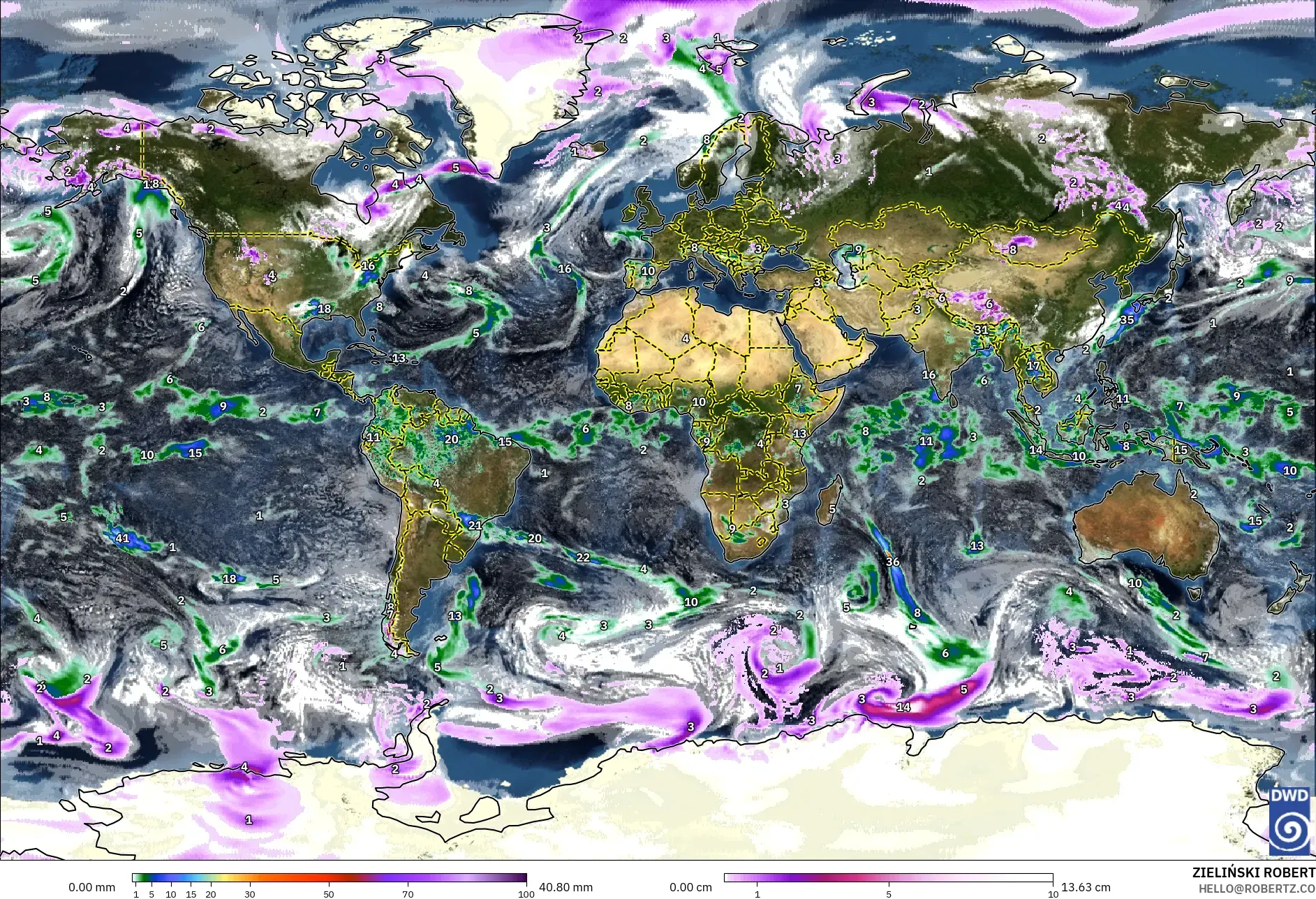 ICON modelo - Mundo, Precipitación, nubes y presión