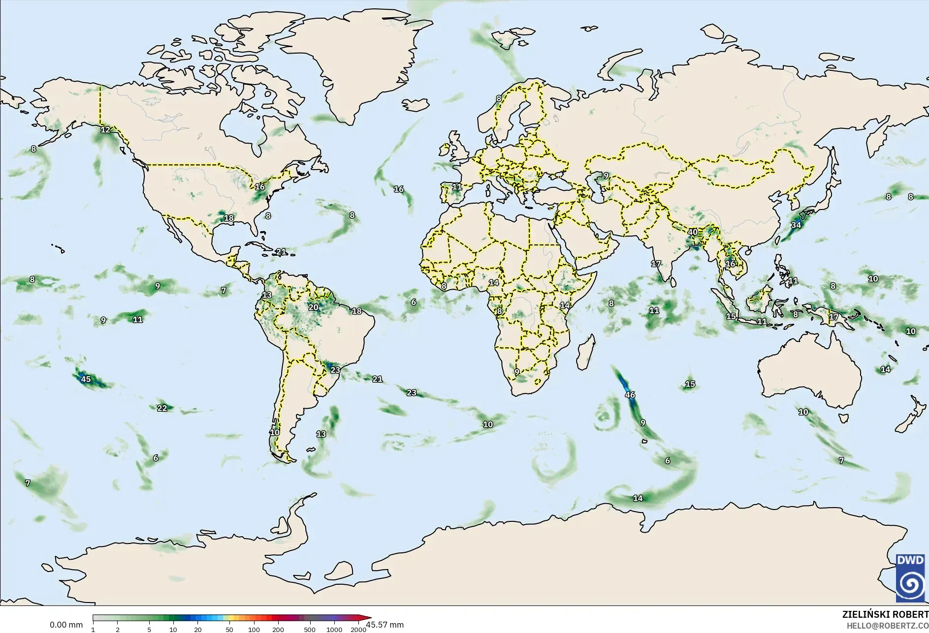 ICON modelo - Mundo, Acumulación de precipitación