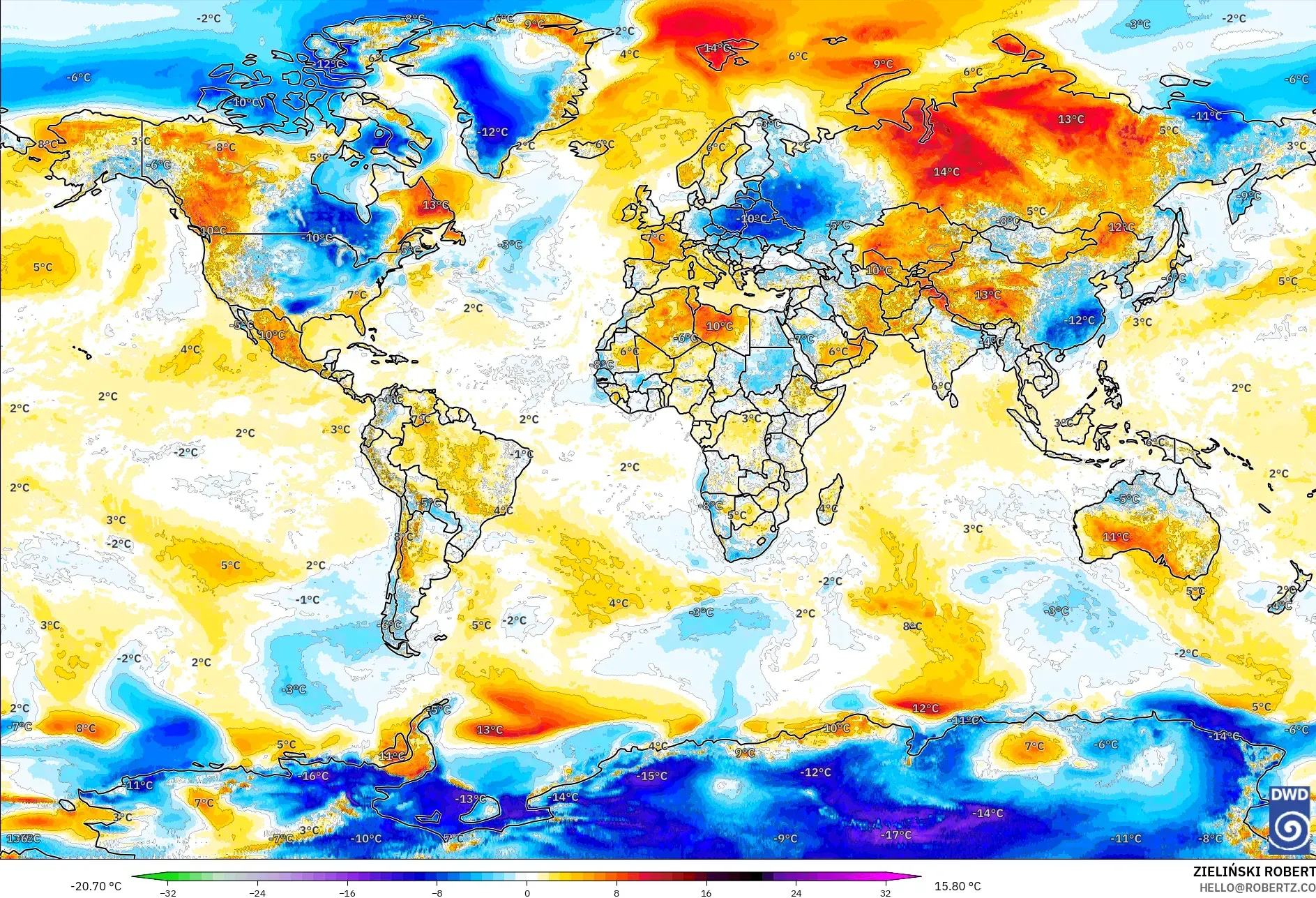 ICON modelo - Mundo, Anomalía de temperatura a 2 m