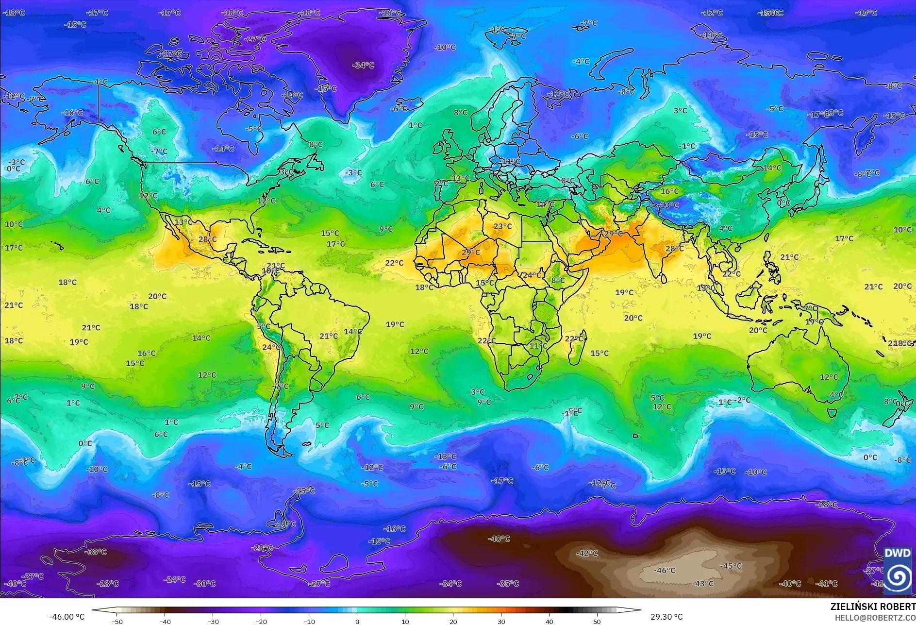 ICON modelo - Mundo, Temperatura a 850 hPa