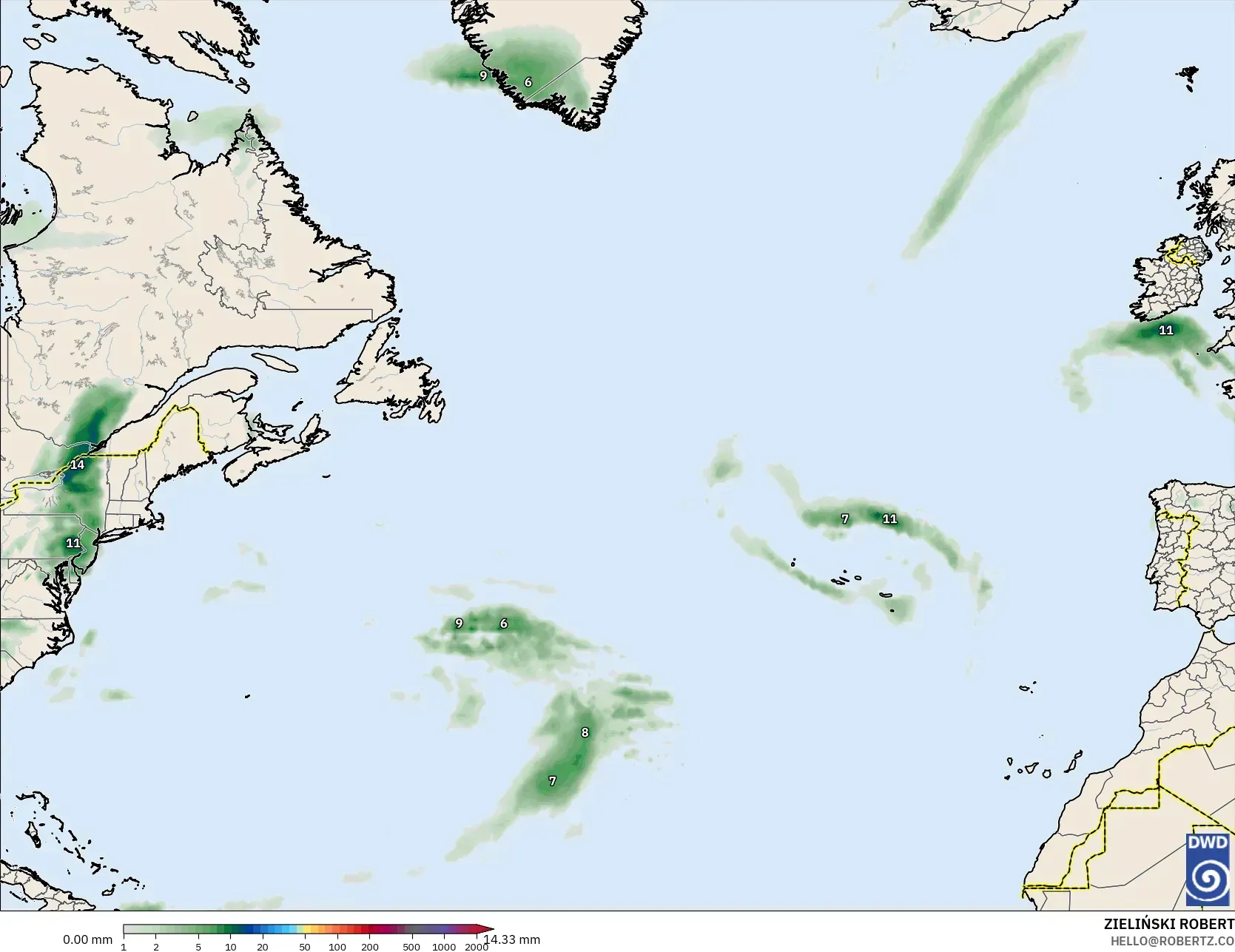 ICON modelo - Norte Atlántico, Acumulación de precipitación
