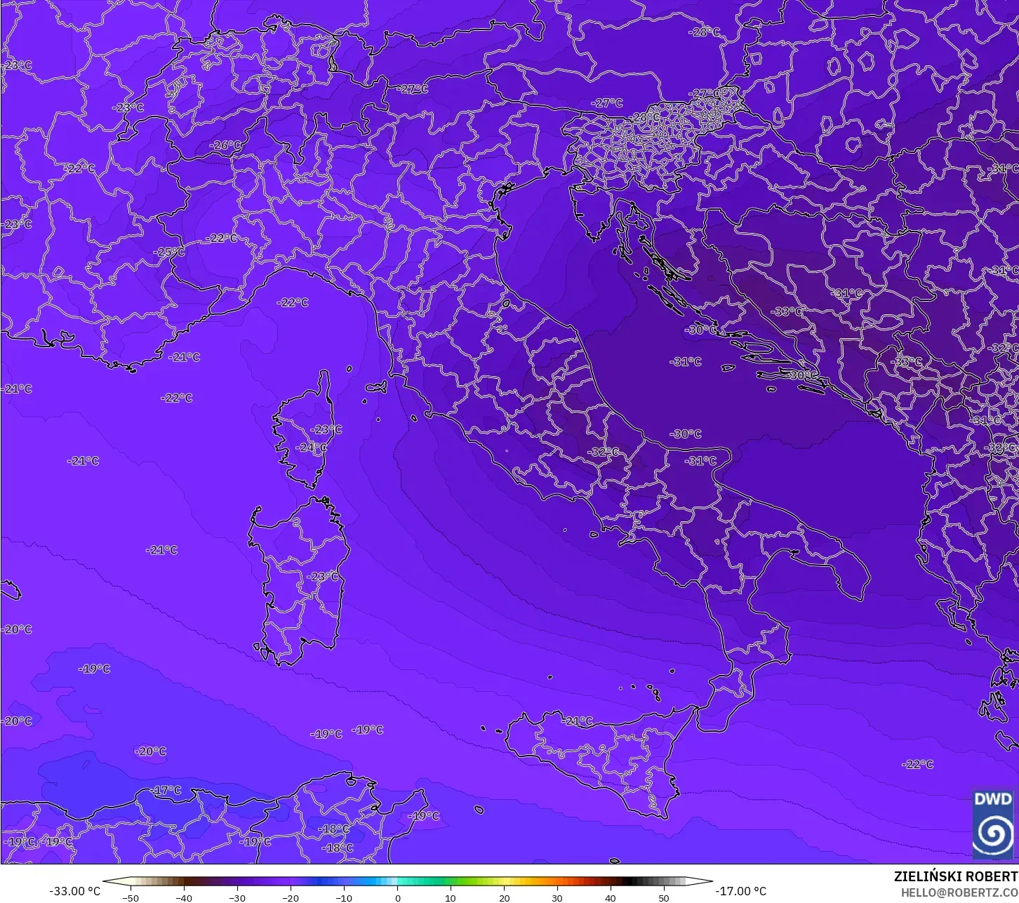 ICON modelo - Italia, Temperatura a 500 hPa