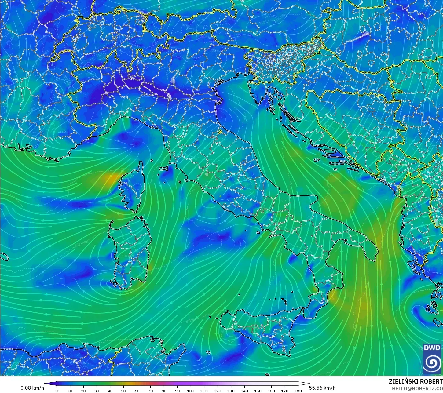 ICON modelo - Italia, Viento a 10 m
