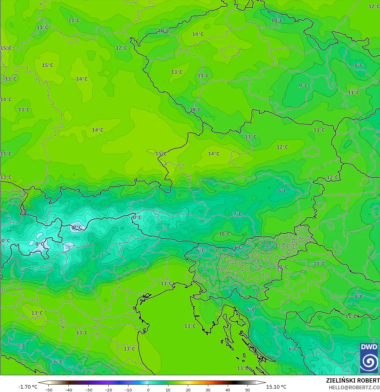 ICON modelo - Austria, Temperatura a 850 hPa