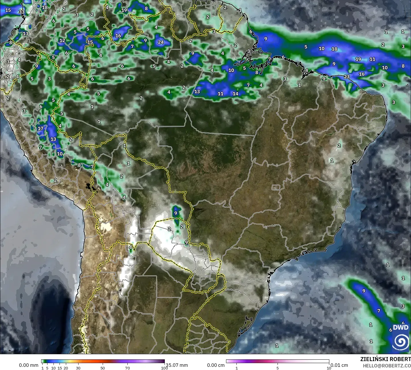 ICON modelo - Brasil, Precipitación, nubes y presión
