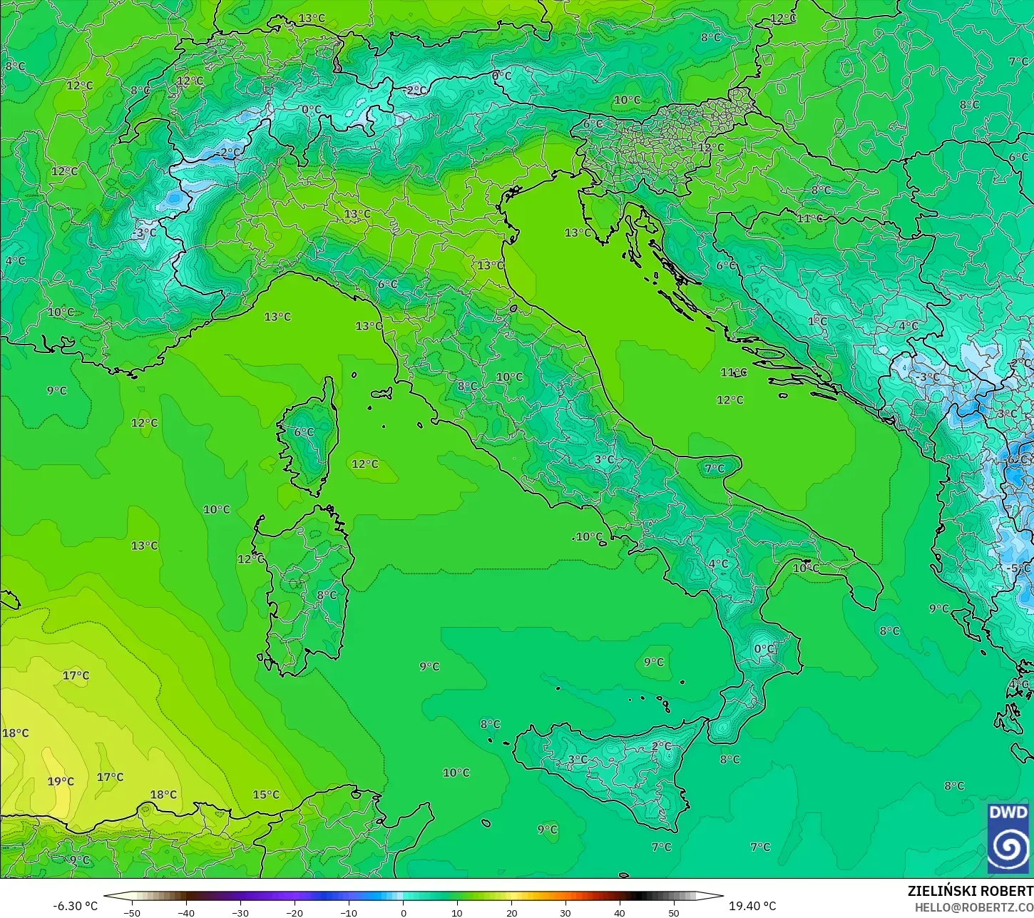 ICON modelo - Italia, Temperatura a 850 hPa