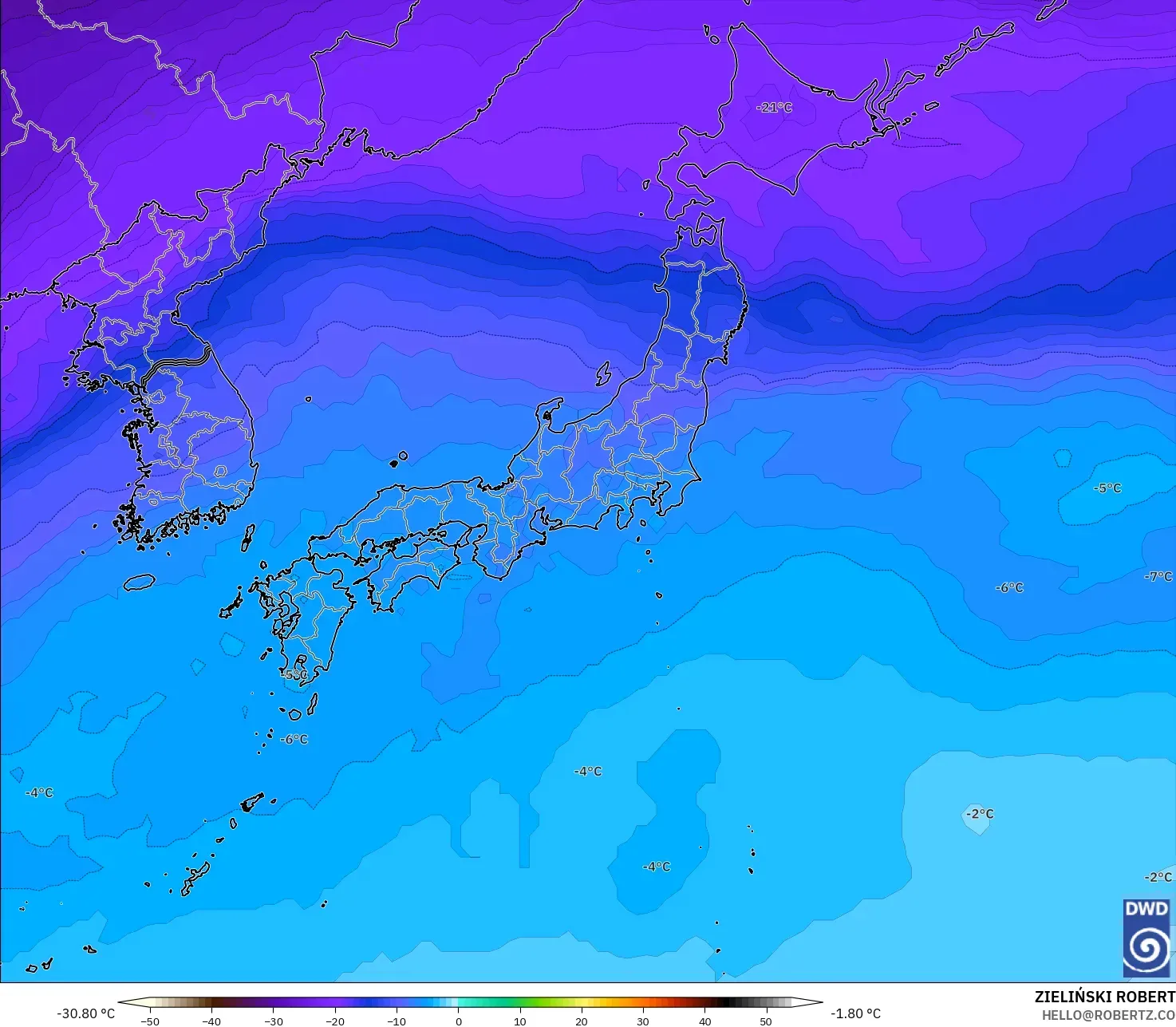 ICON modelo - Japón, Temperatura a 500 hPa