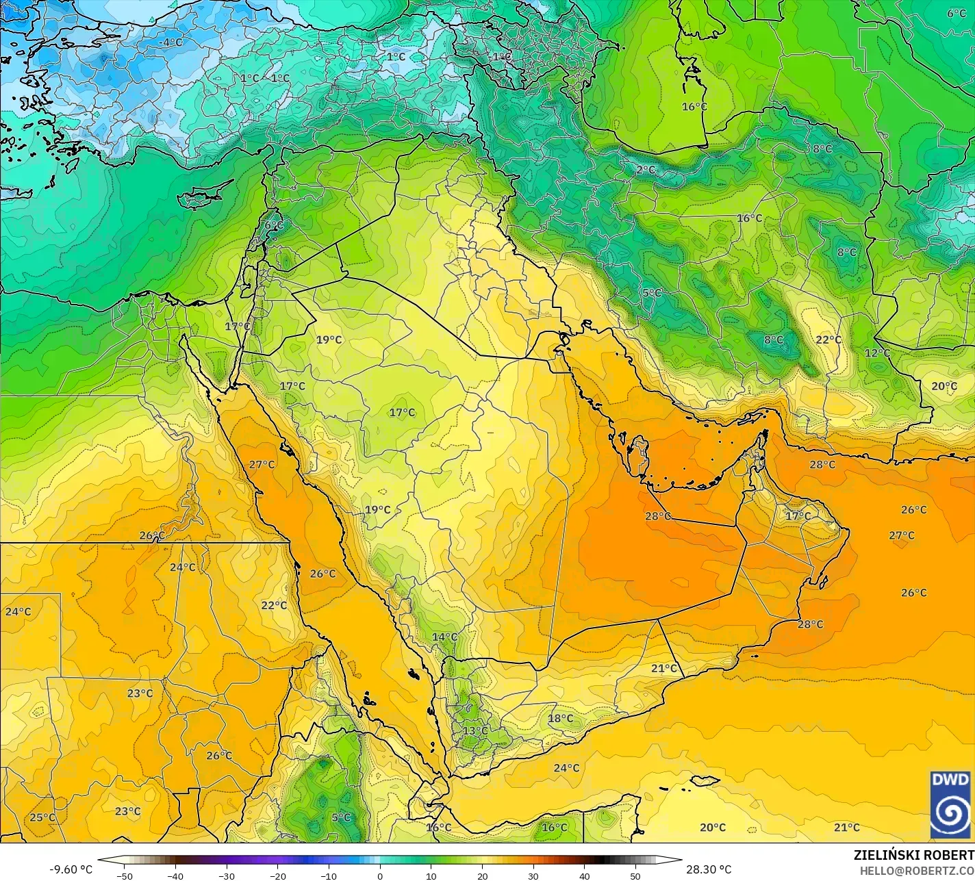 ICON modelo - Oriente Medio, Temperatura a 850 hPa