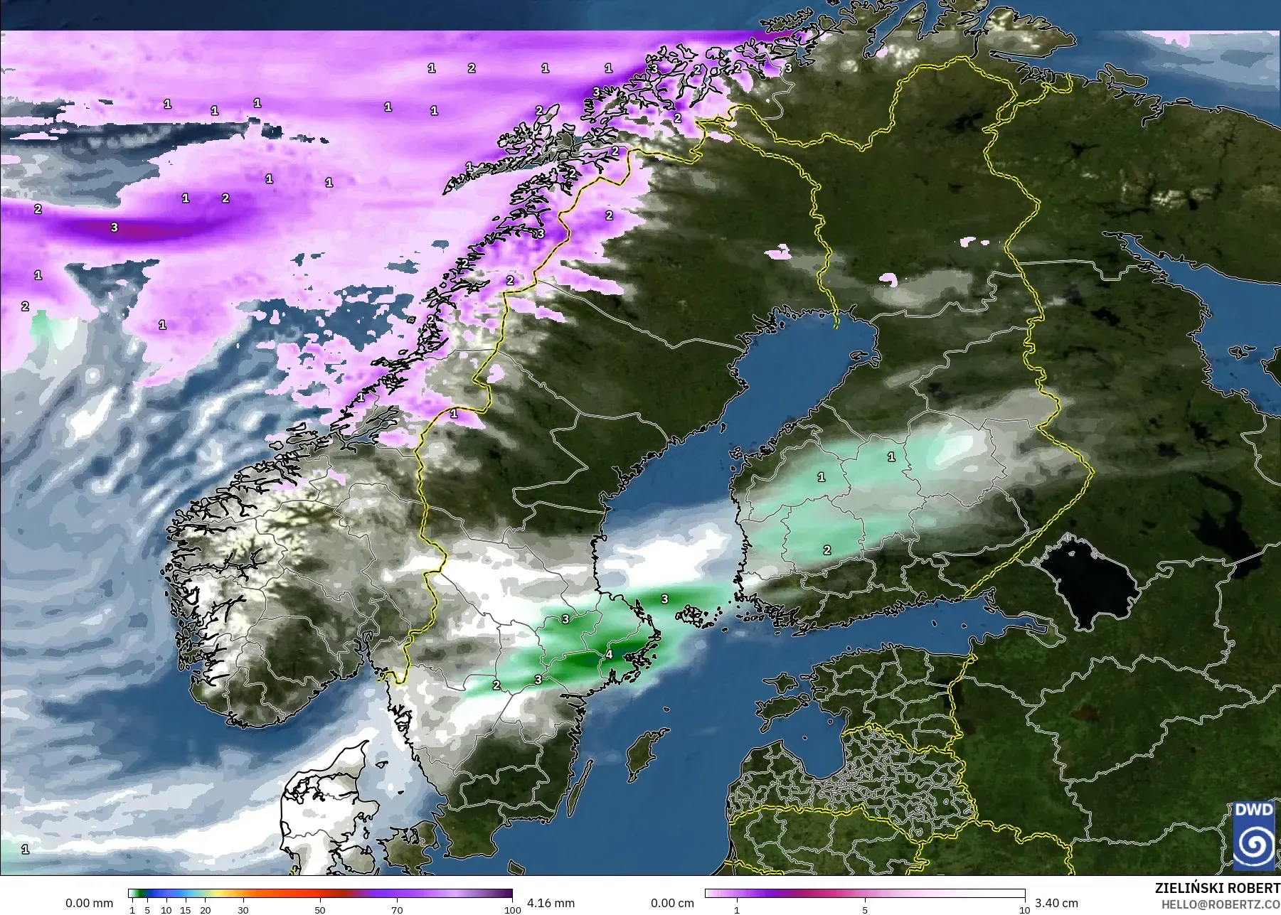 ICON modelo - Escandinavia, Precipitación, nubes y presión