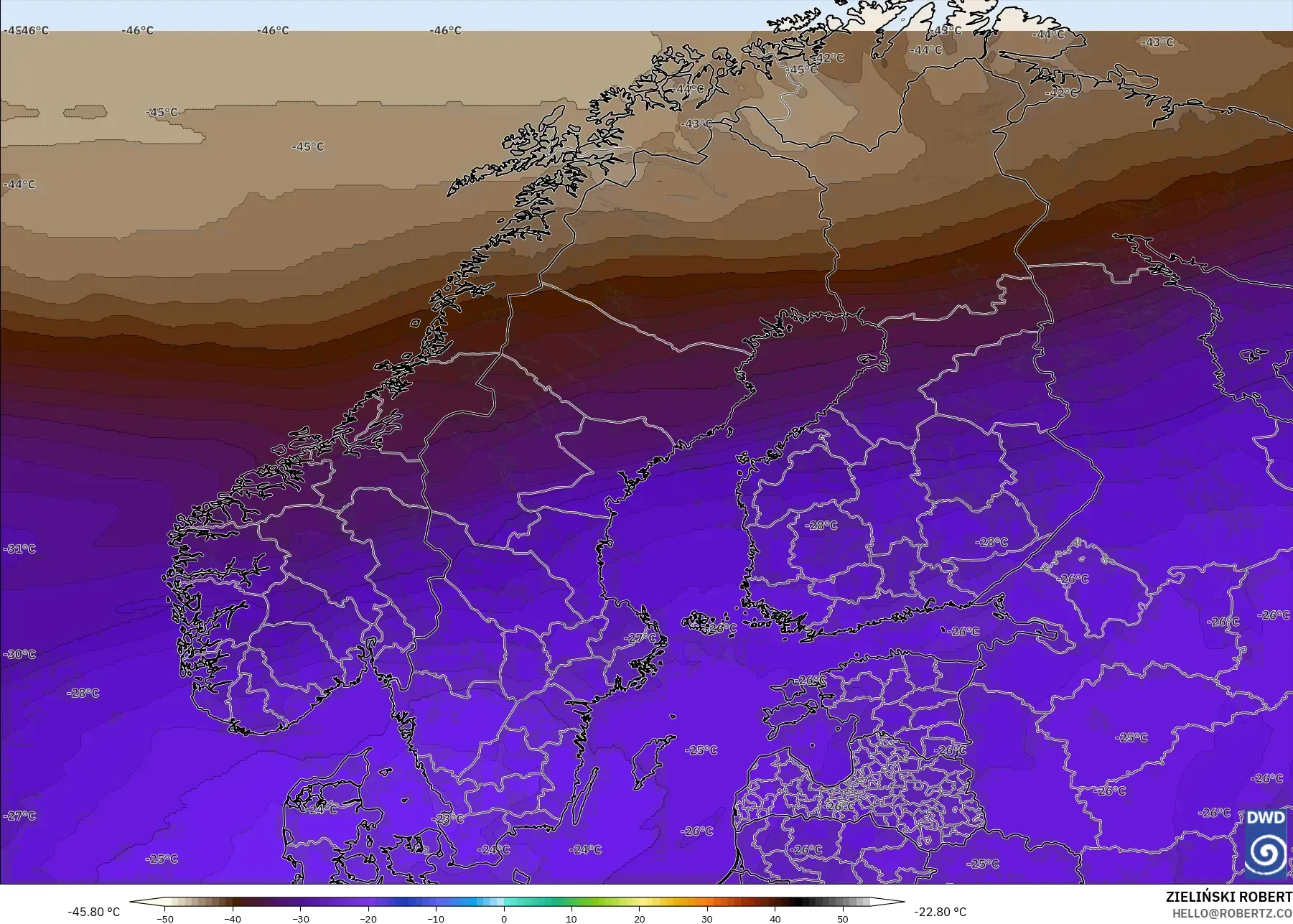 ICON modelo - Escandinavia, Temperatura a 500 hPa