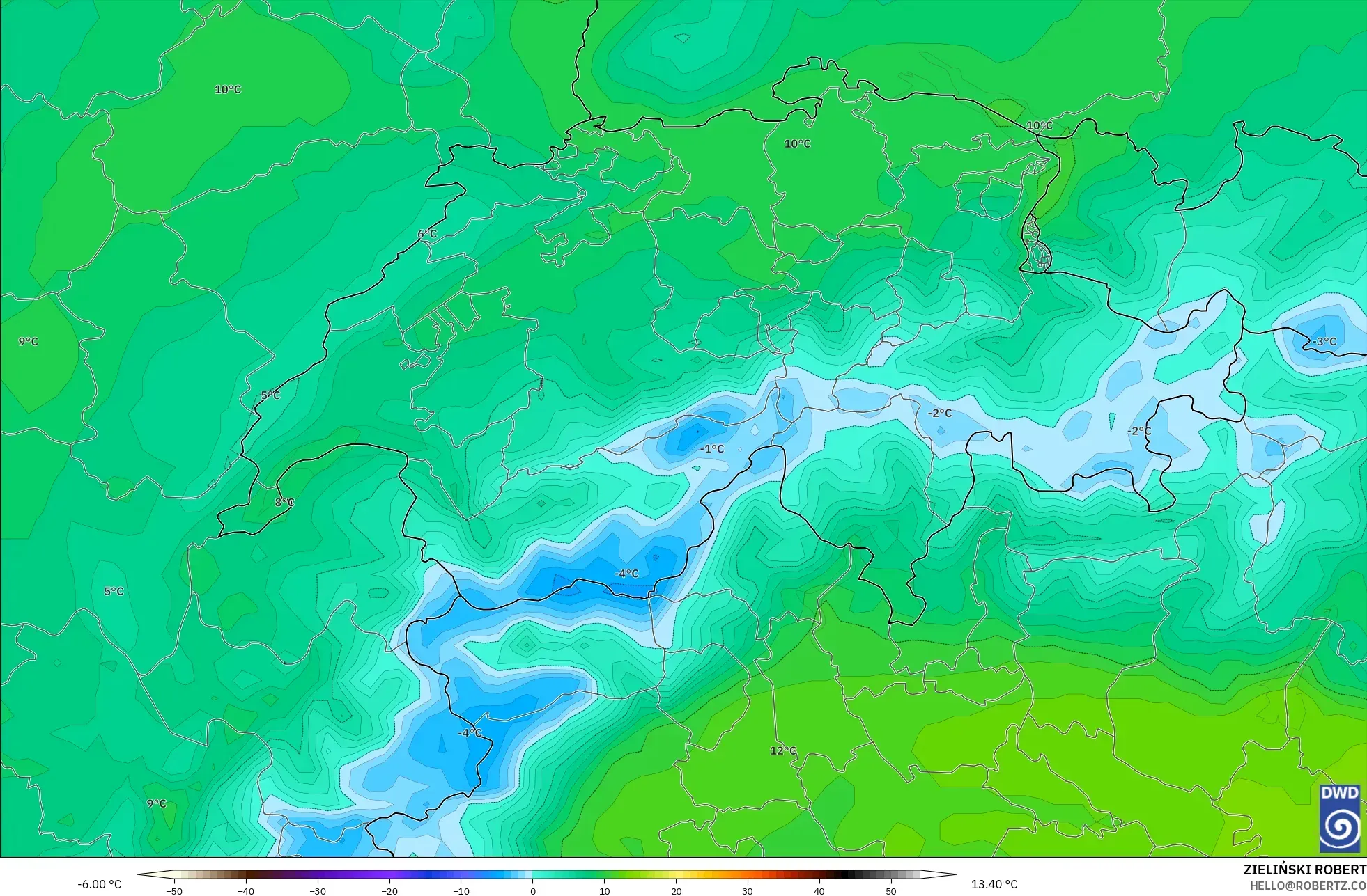 ICON modelo - Suiza, Temperatura a 850 hPa