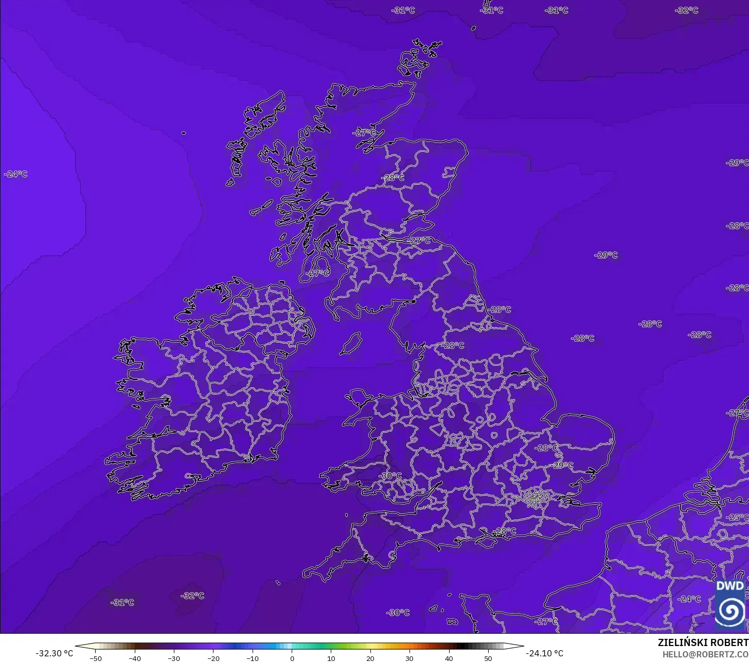 ICON modelo - Reino Unido, Temperatura a 500 hPa