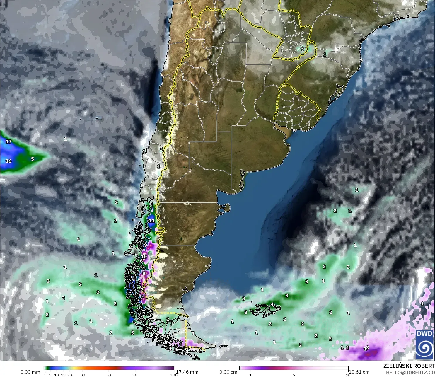ICON modelo - Argentina, Precipitación, nubes y presión