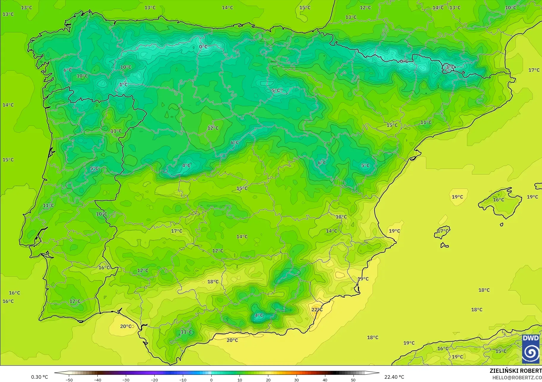ICON modelo - España, Temperatura a 2 m
