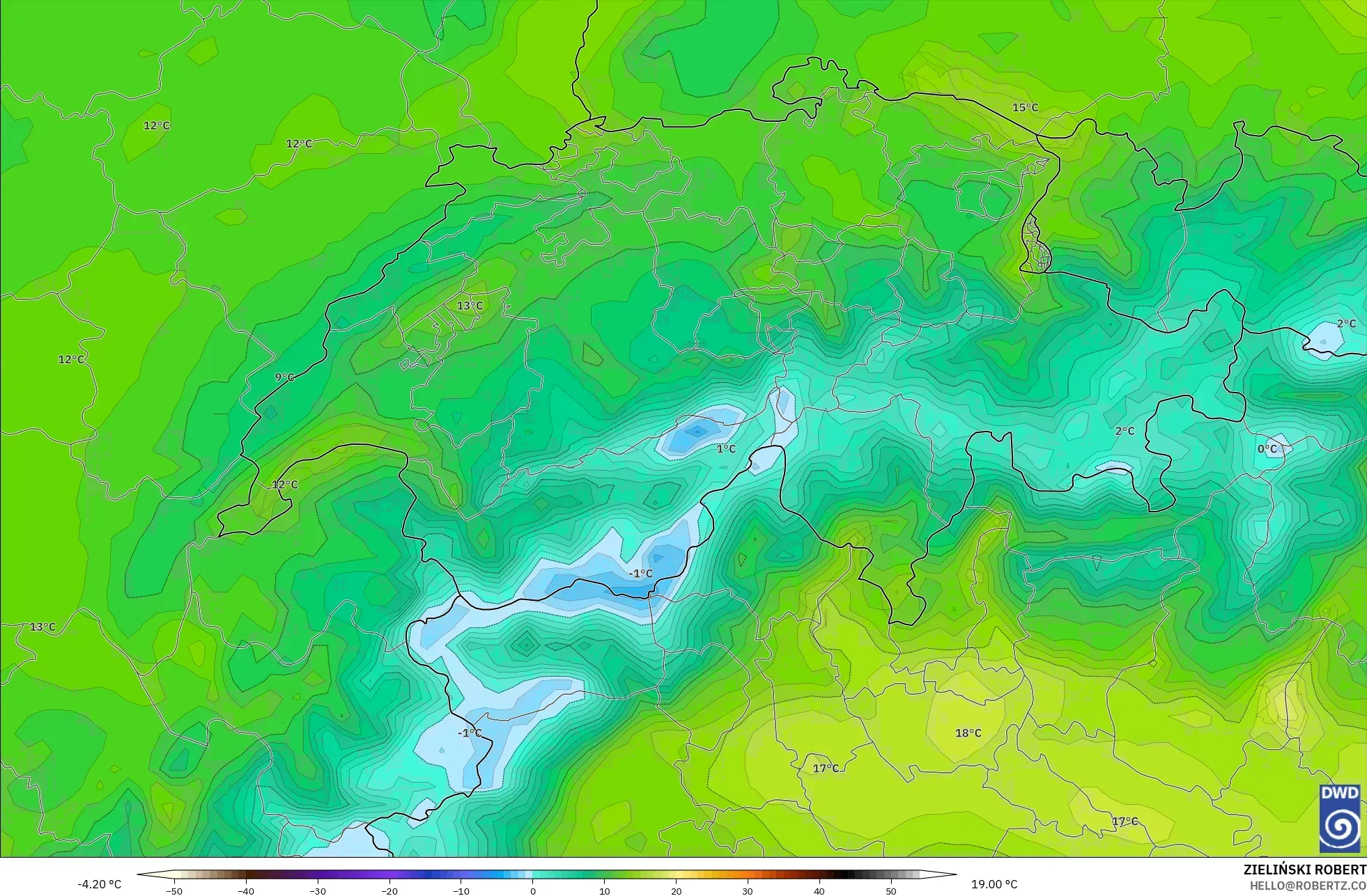 ICON modelo - Suiza, Temperatura a 2 m