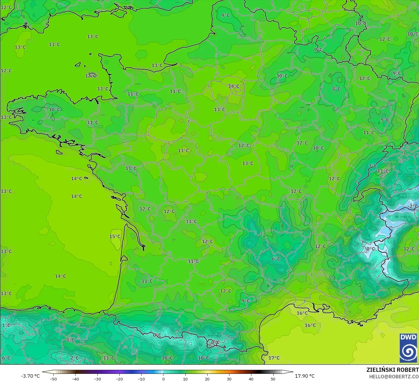 ICON modelo - Francia, Temperatura a 2 m