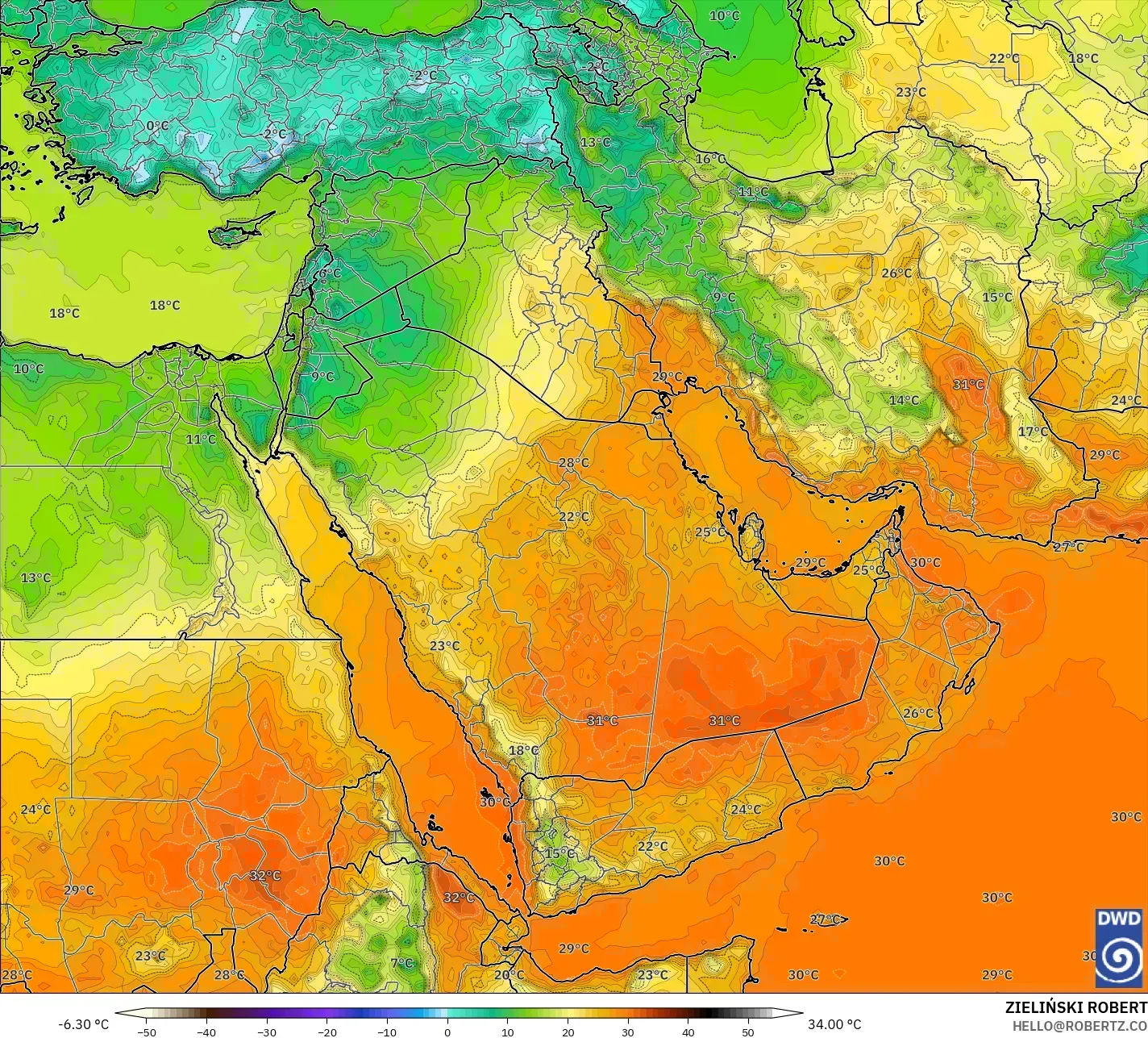 ICON modelo - Oriente Medio, Temperatura a 2 m