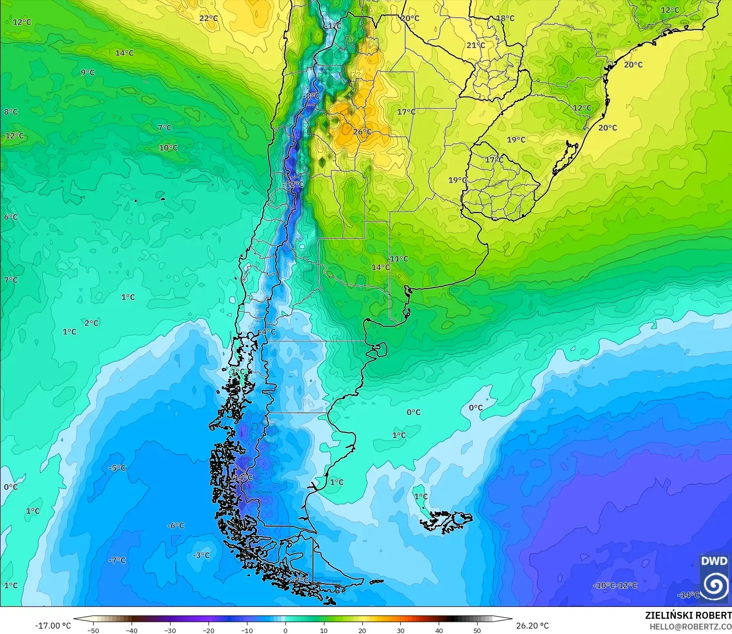 ICON modelo - Argentina, Temperatura a 850 hPa