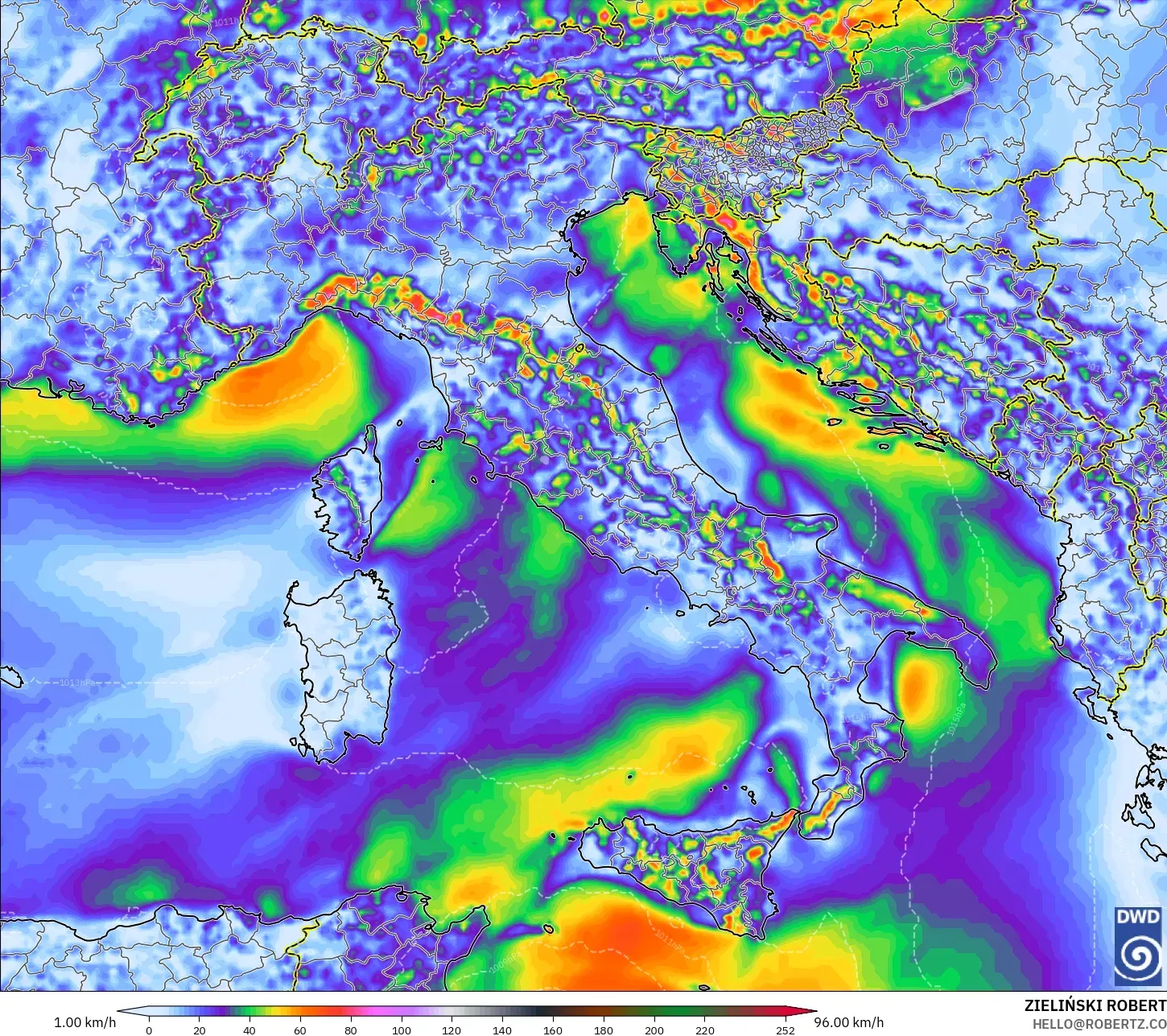 ICON modelo - Italia, Ráfagas de viento