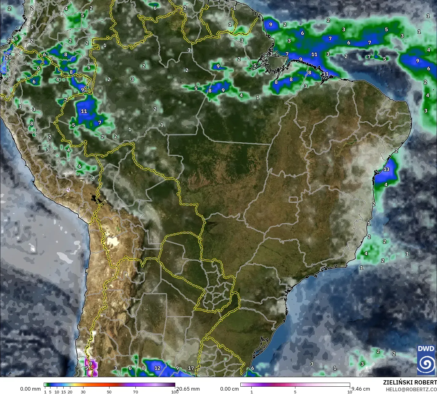 ICON modelo - Brasil, Precipitación, nubes y presión
