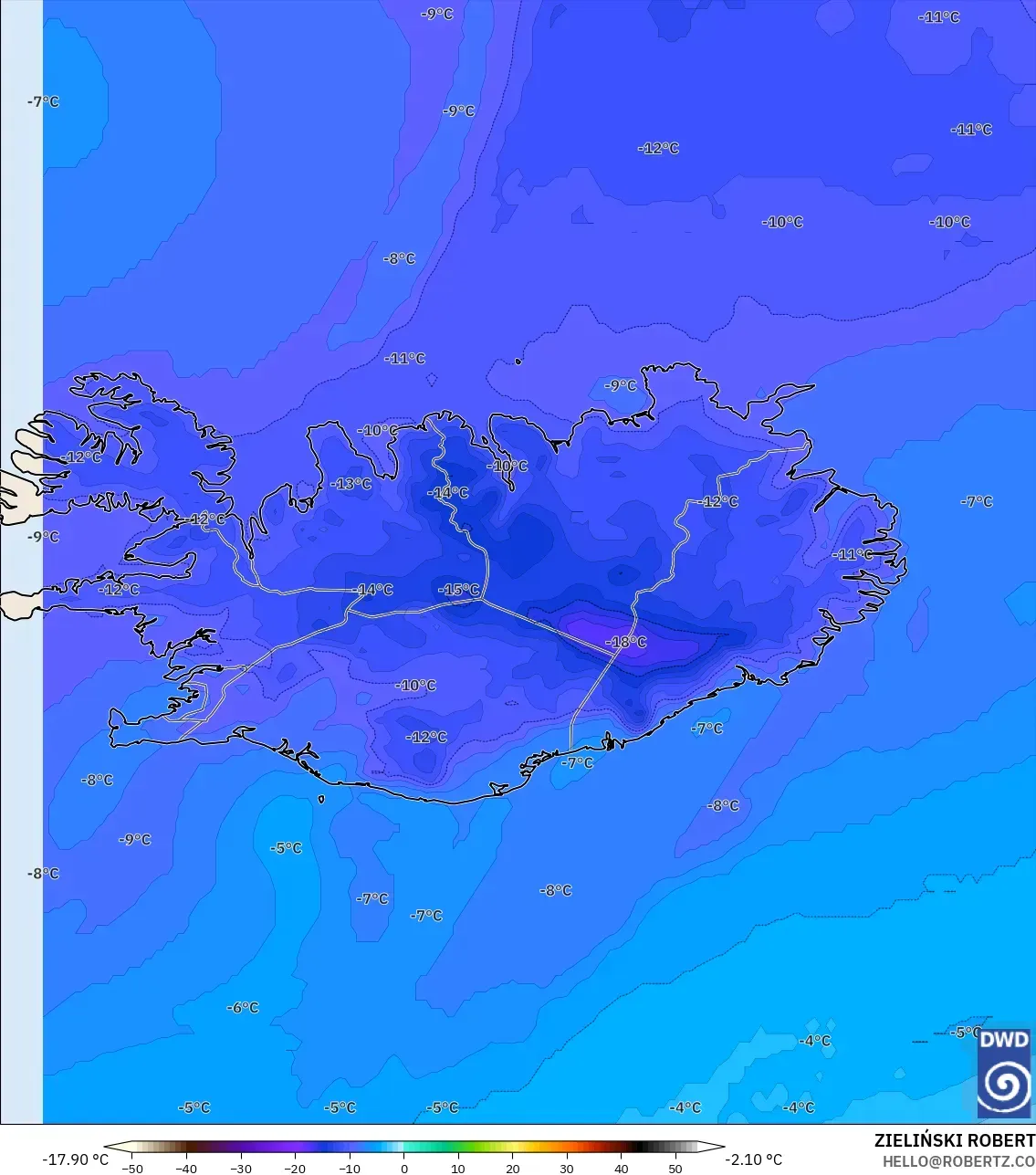 ICON modelo - Islandia, Temperatura a 850 hPa