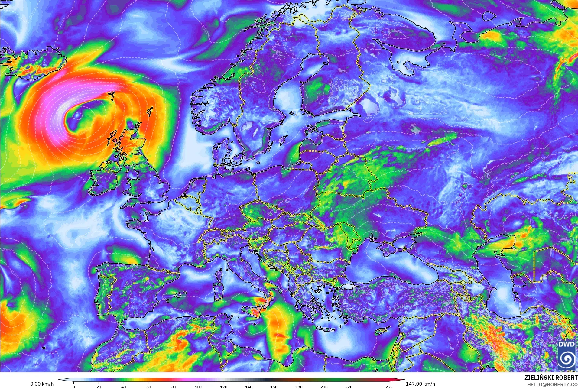 ICON modelo - Europa, Ráfagas de viento