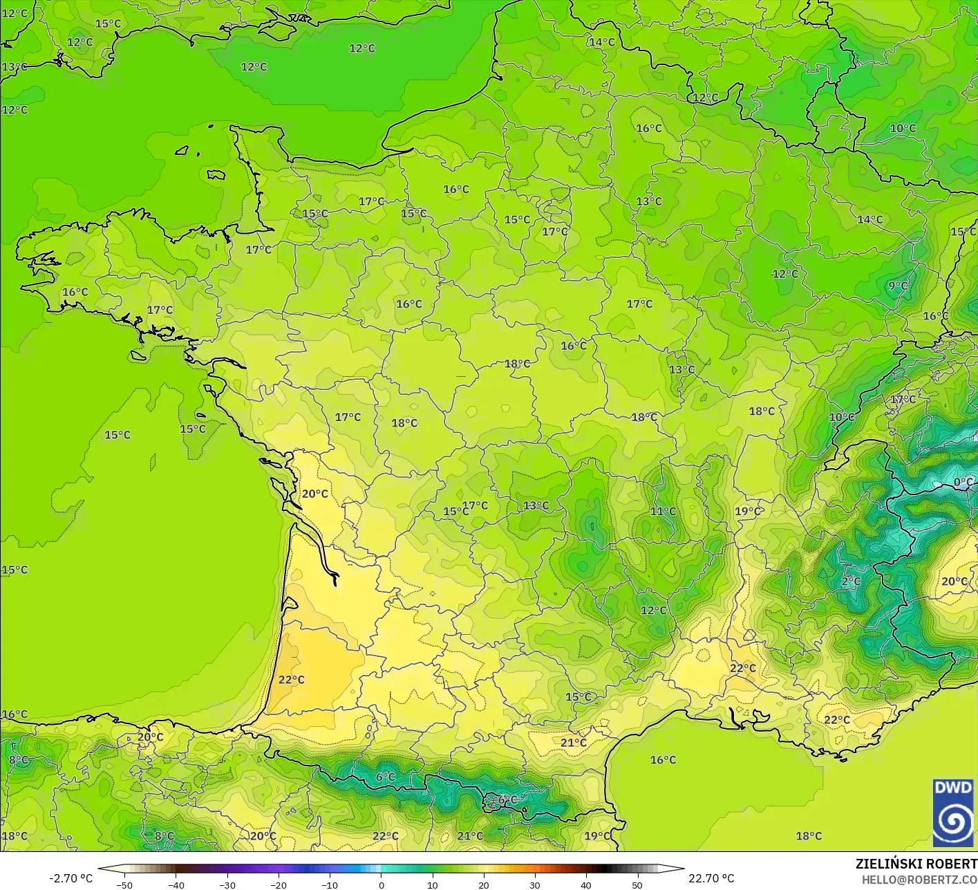 ICON modelo - Francia, Temperatura a 2 m