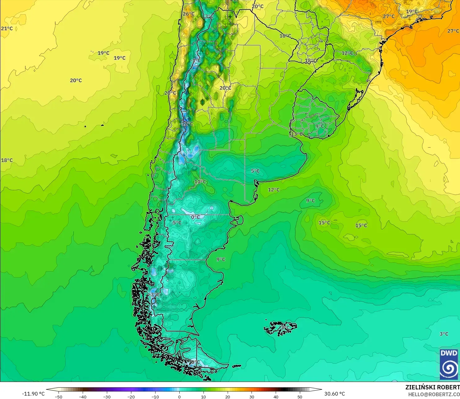 ICON modelo - Argentina, Temperatura a 2 m