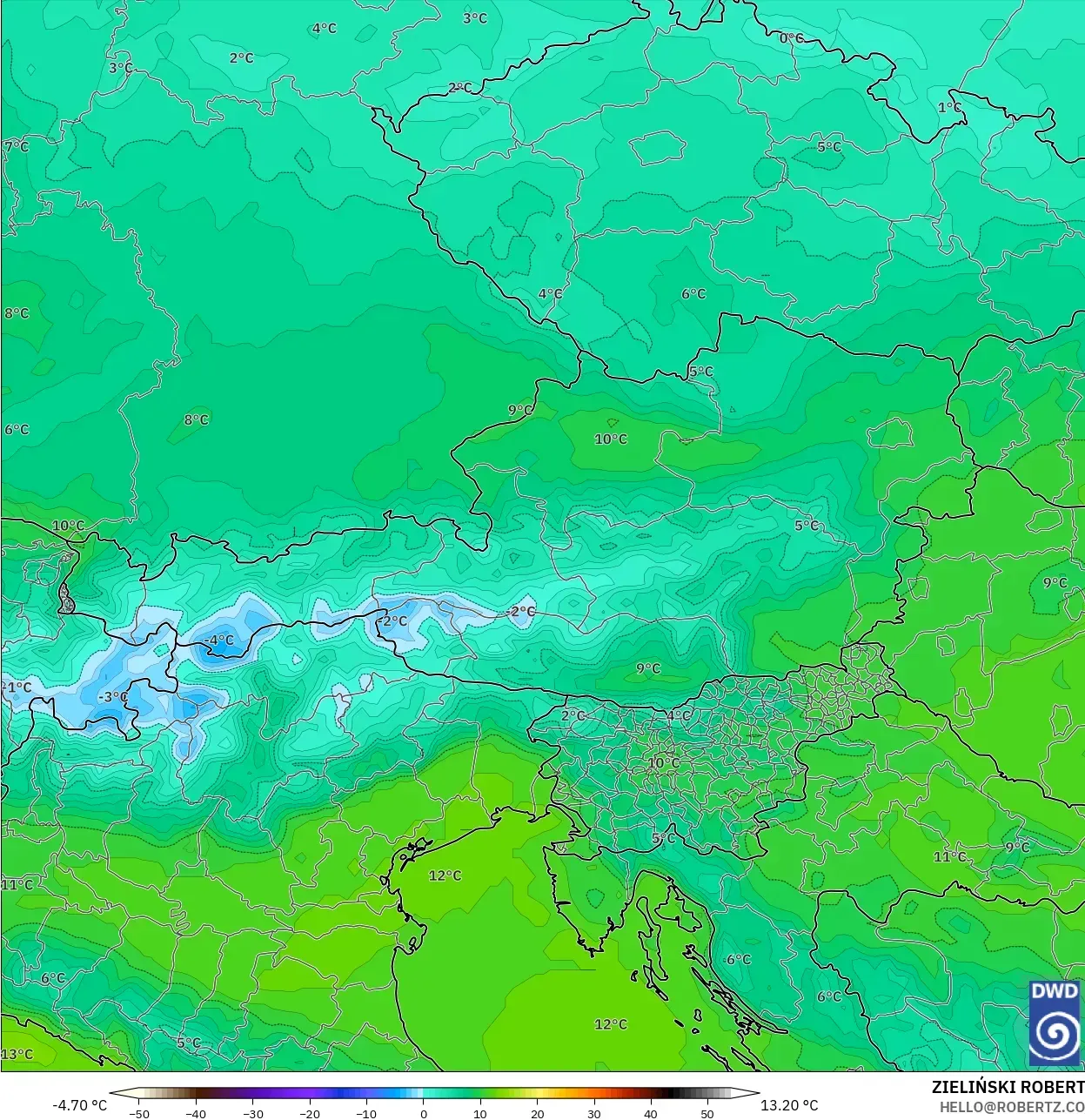 ICON modelo - Austria, Temperatura a 850 hPa