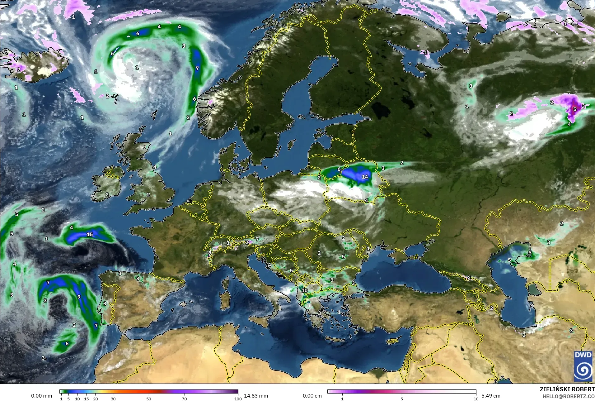 ICON modelo - Europa, Precipitación, nubes y presión