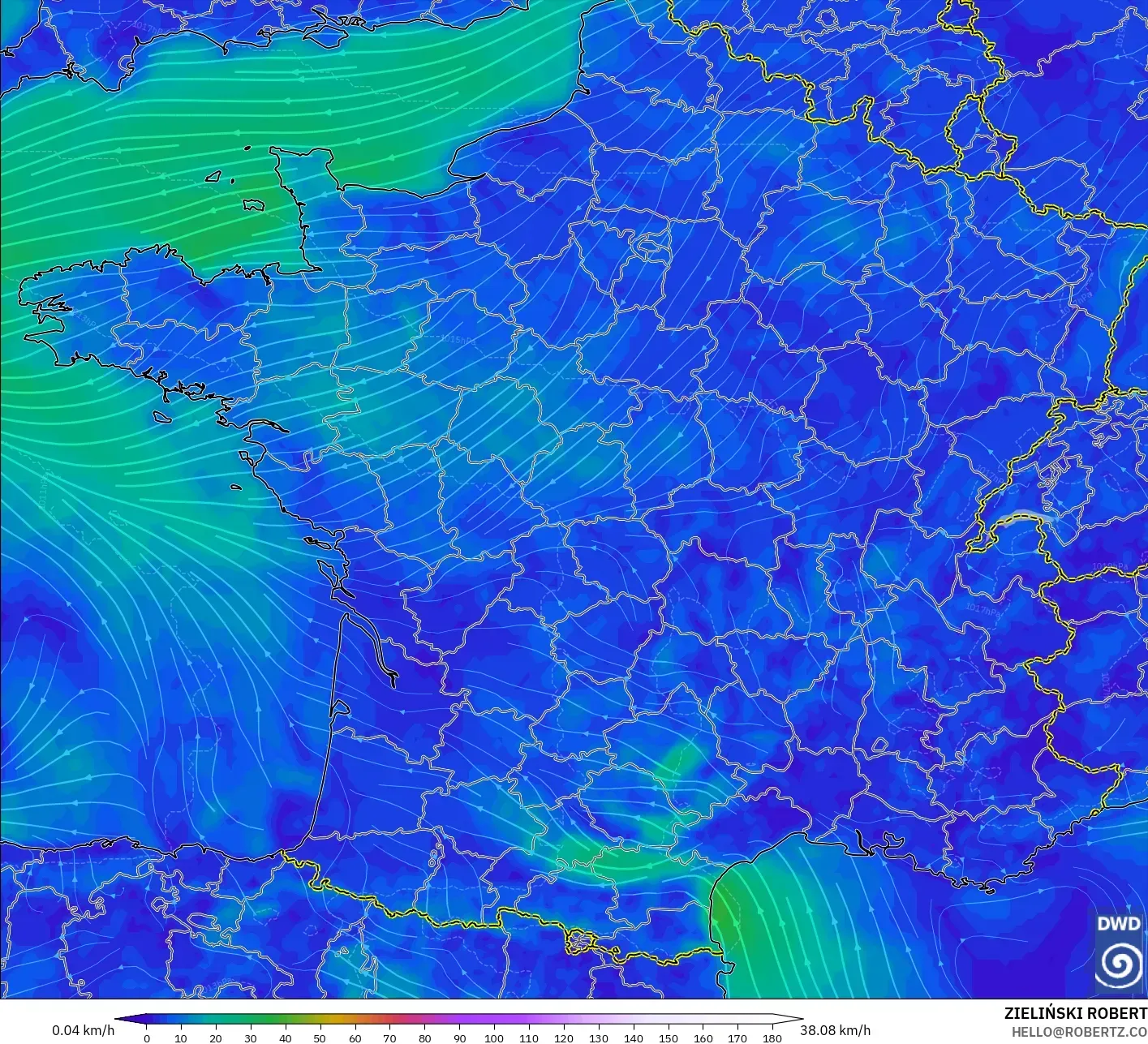ICON modelo - Francia, Viento a 10 m