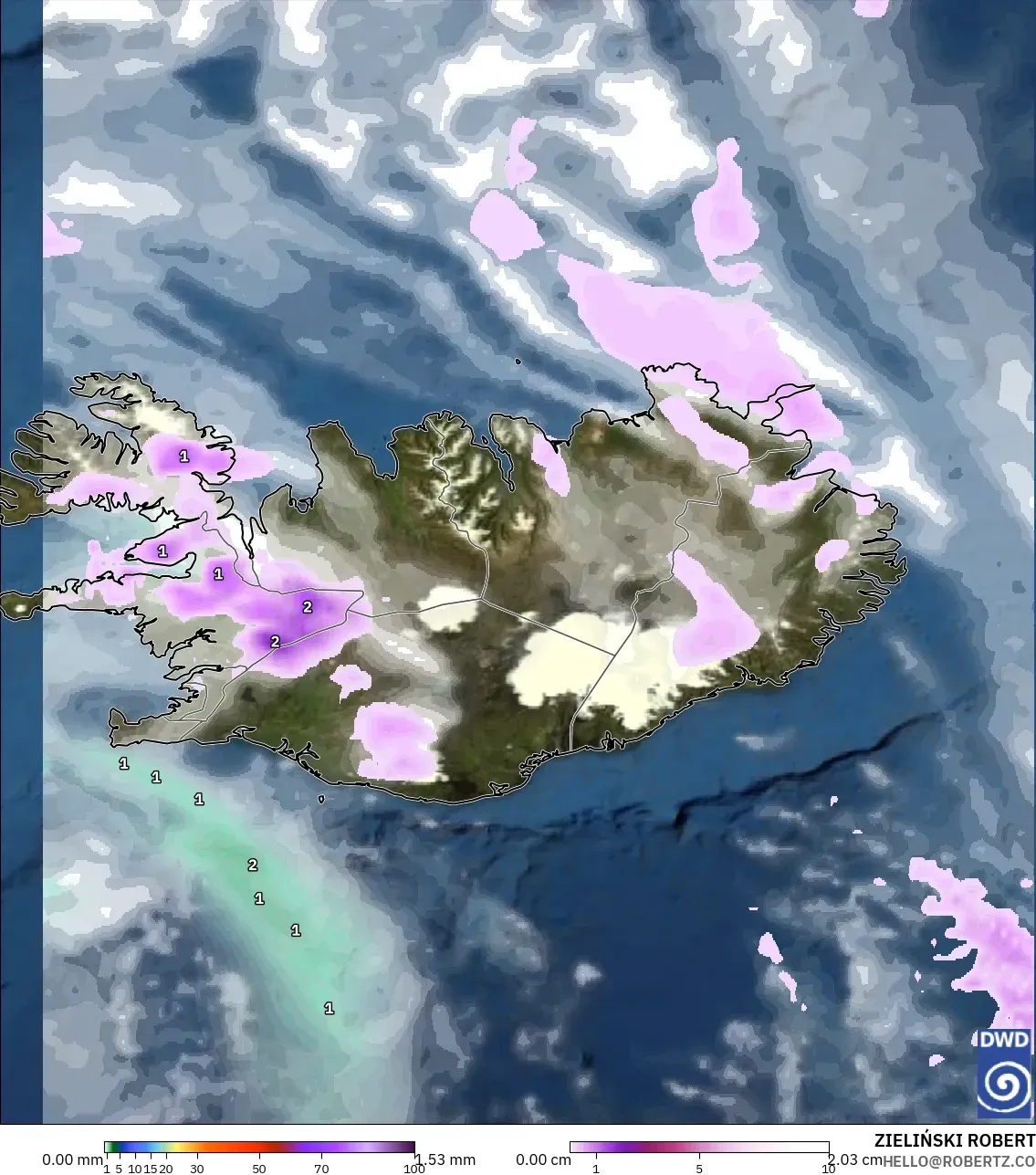 ICON modelo - Islandia, Precipitación, nubes y presión
