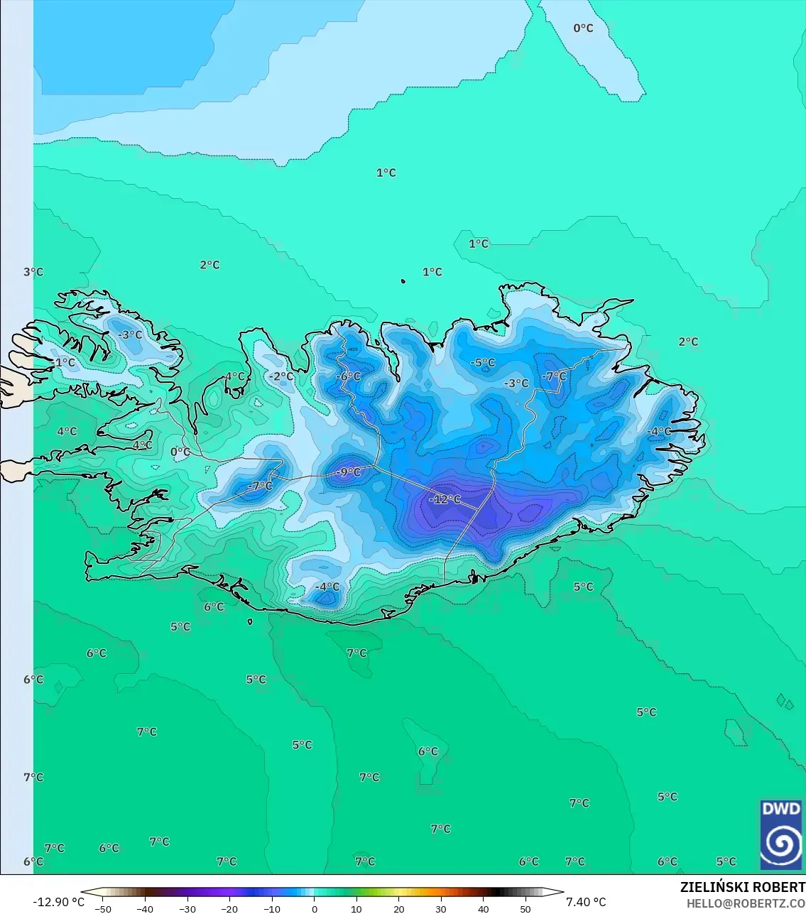 ICON modelo - Islandia, Temperatura a 2 m