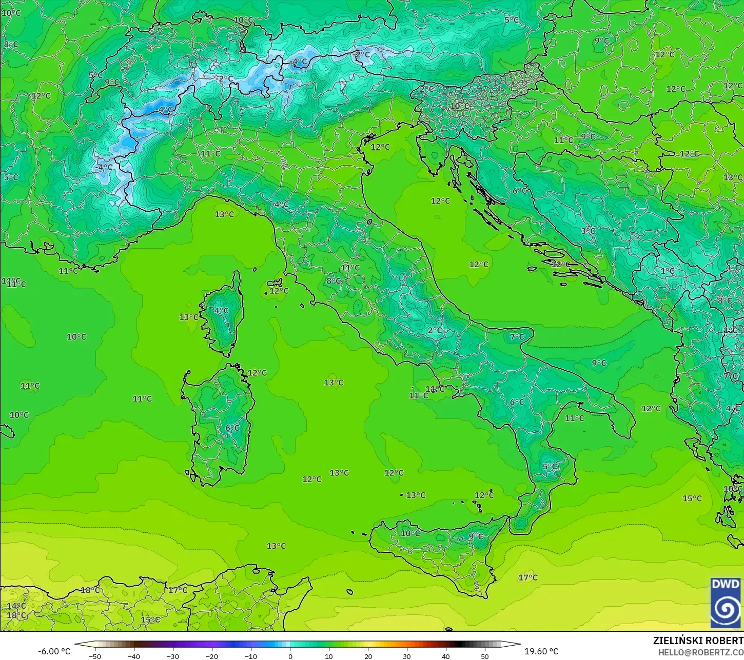 ICON modelo - Italia, Temperatura a 850 hPa