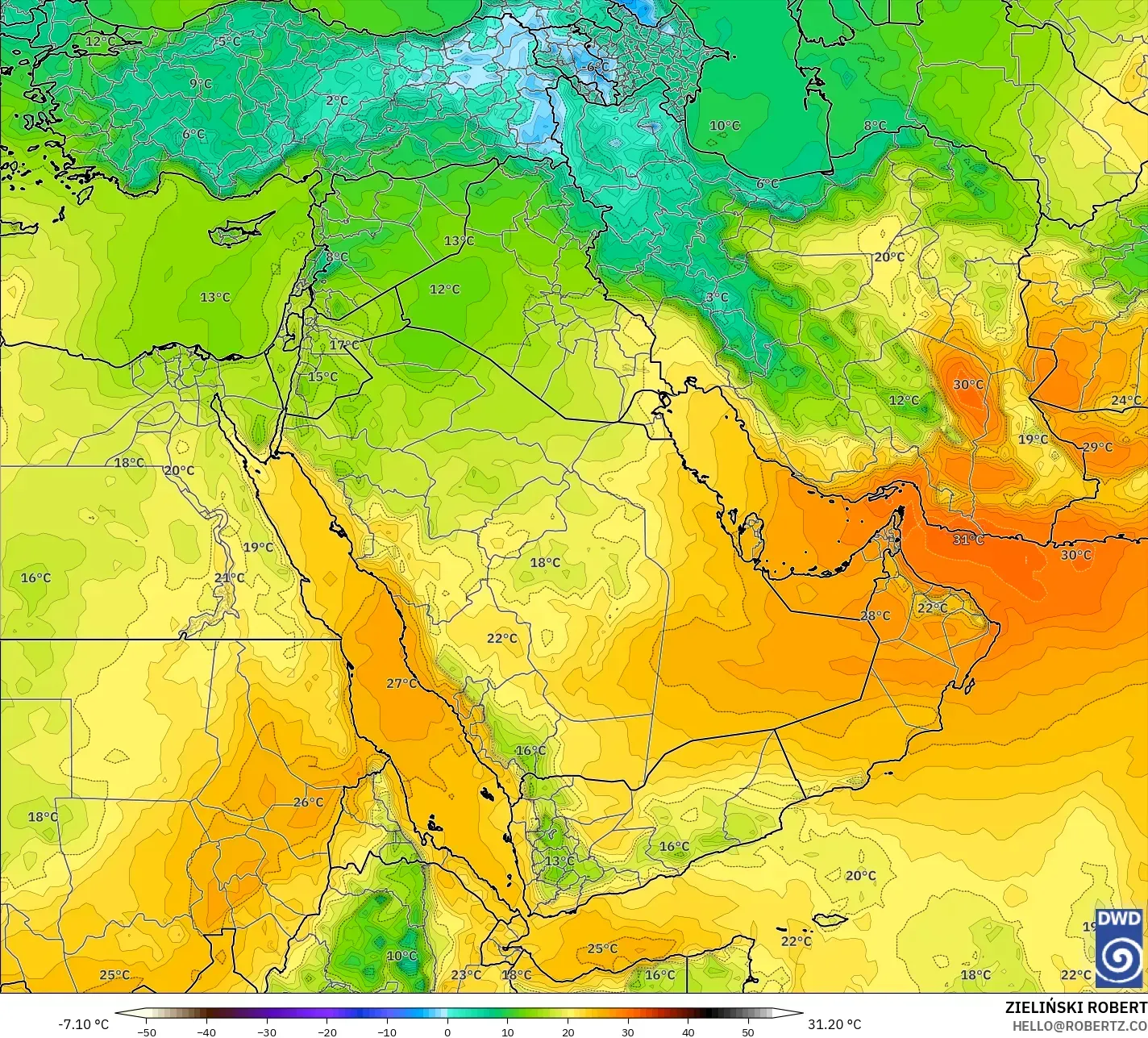ICON modelo - Oriente Medio, Temperatura a 850 hPa