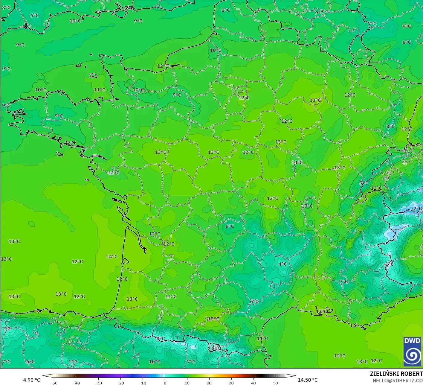ICON modelo - Francia, Temperatura a 850 hPa