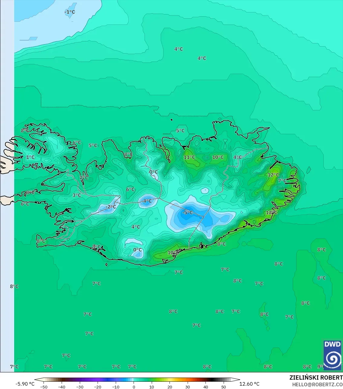 ICON modelo - Islandia, Temperatura a 2 m