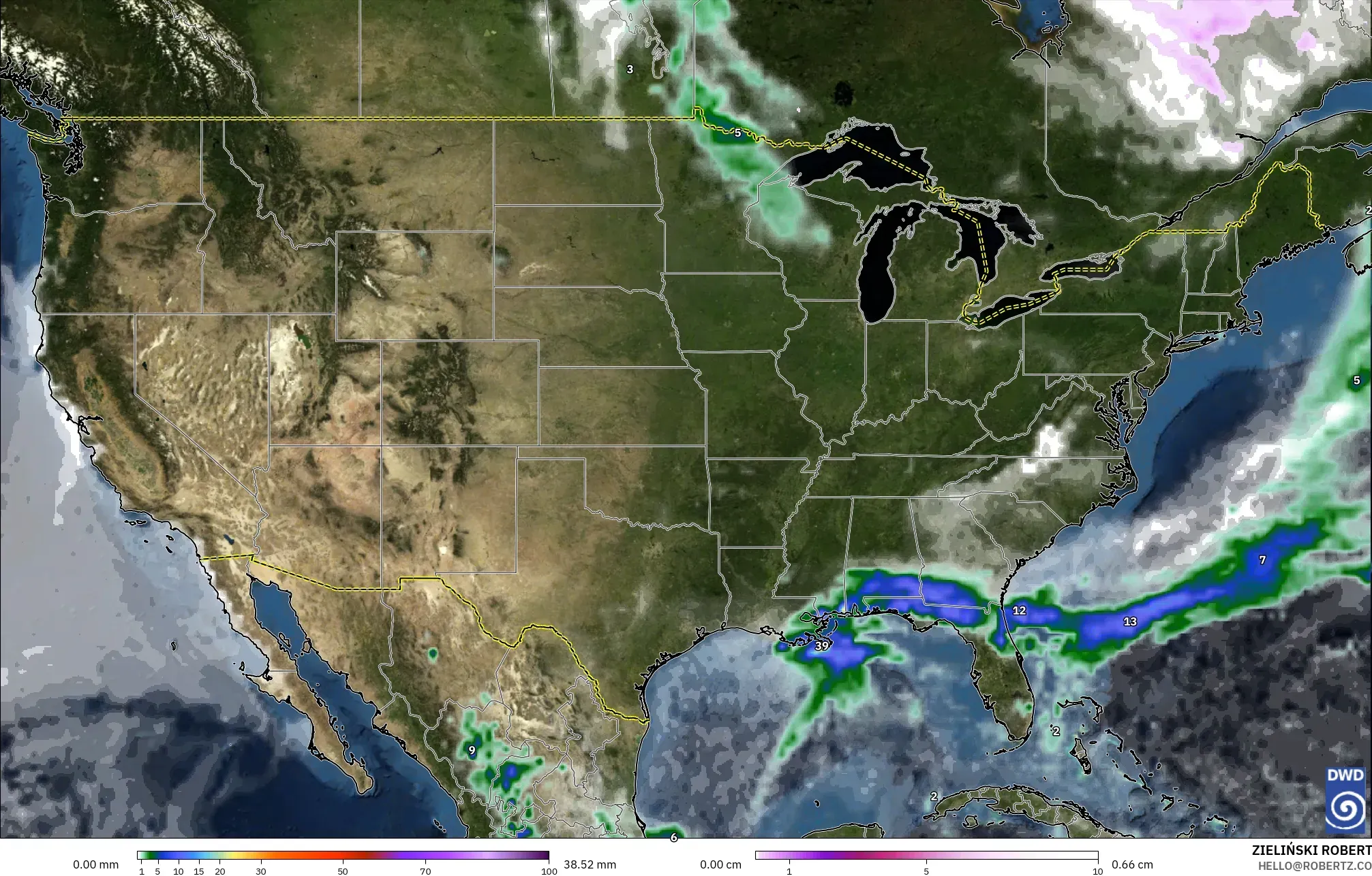 ICON modelo - Estados Unidos, Precipitación, nubes y presión