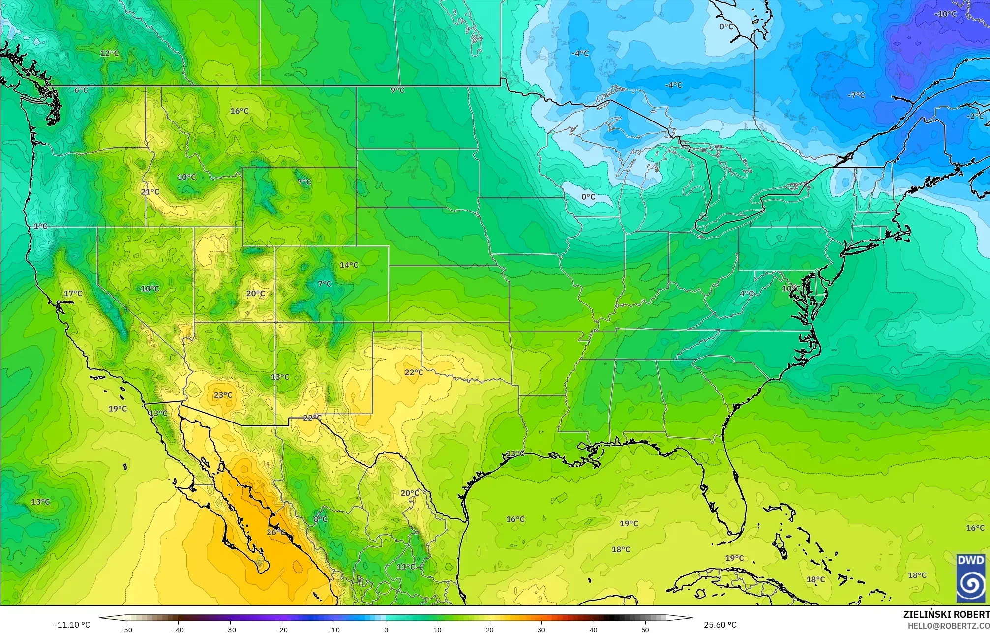 ICON modelo - Estados Unidos, Temperatura a 850 hPa