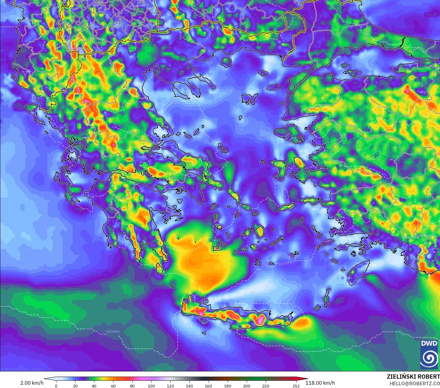 ICON modelo - Grecia, Ráfagas de viento