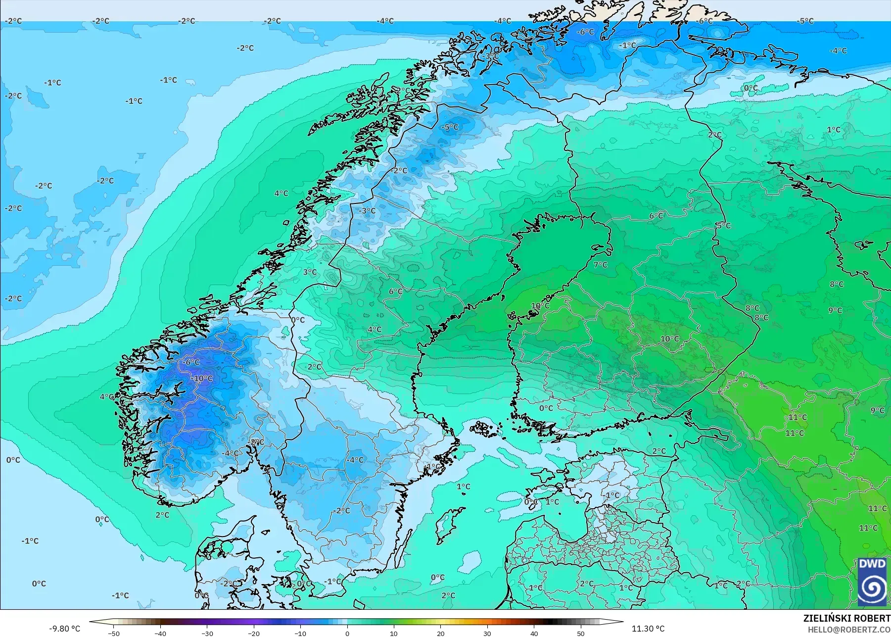 ICON modelo - Escandinavia, Temperatura a 850 hPa