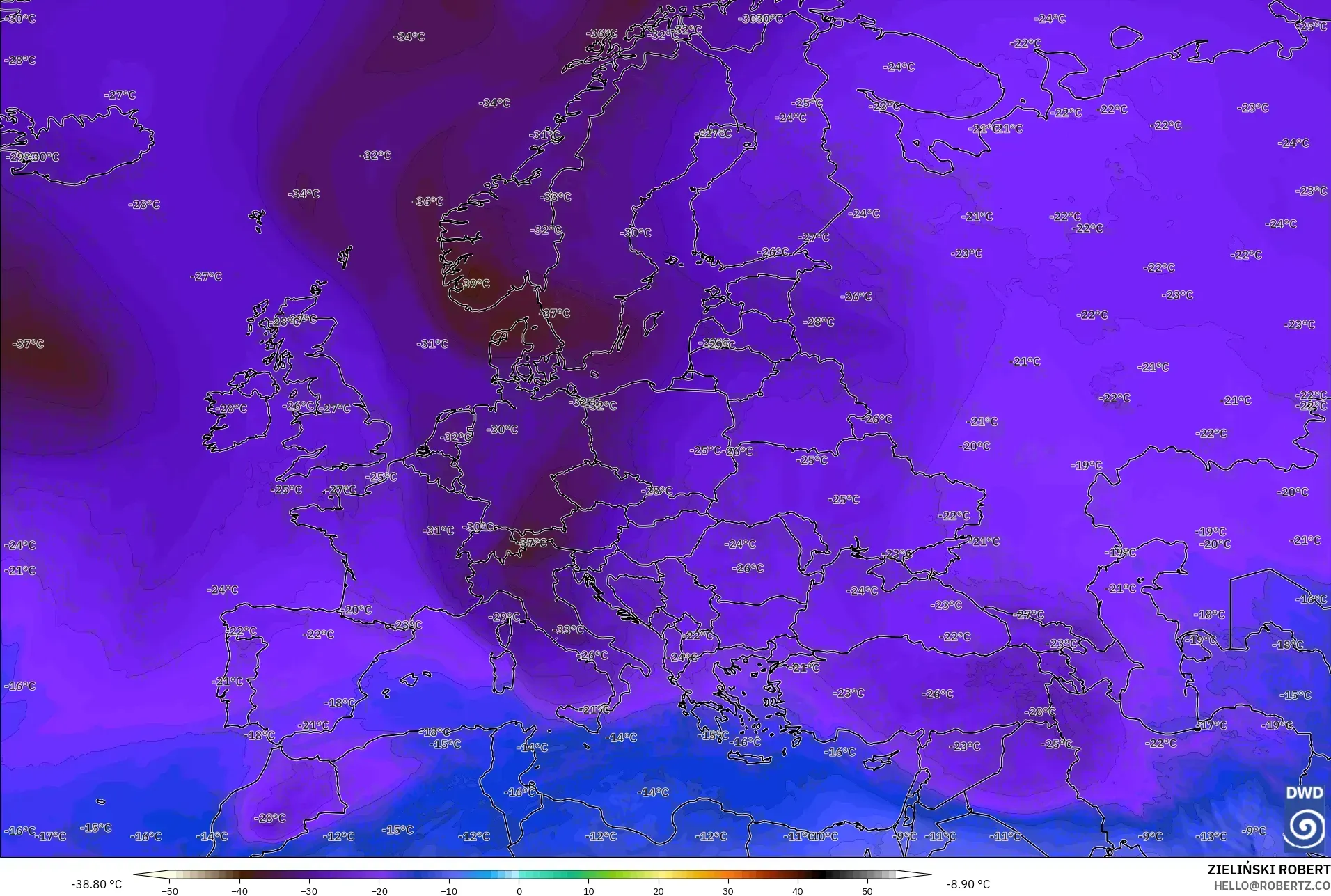 ICON modelo - Europa, Temperatura a 500 hPa