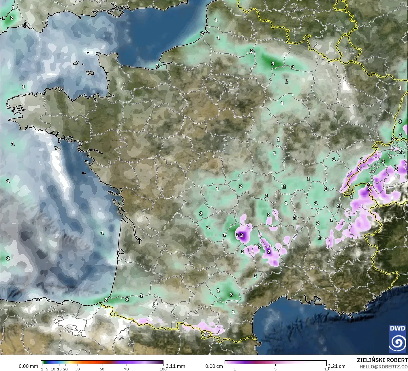 ICON modelo - Francia, Precipitación, nubes y presión