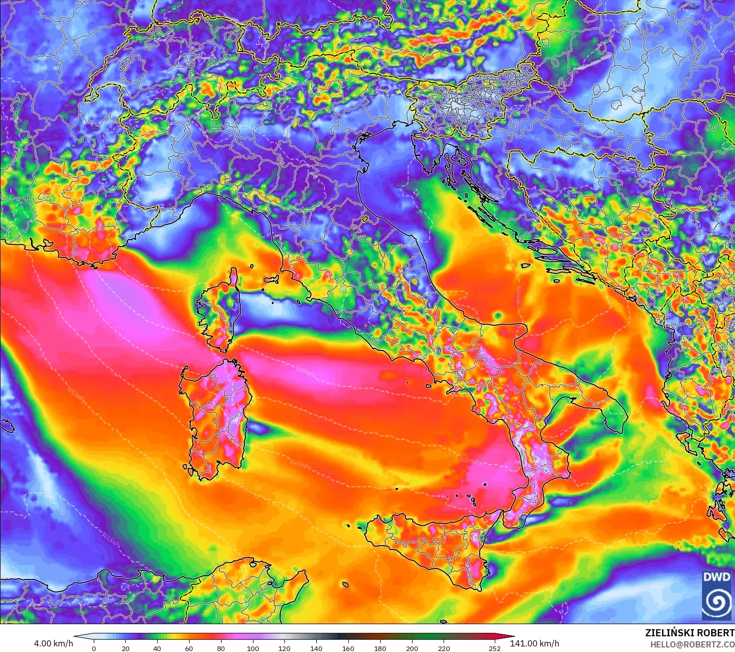 ICON modelo - Italia, Ráfagas de viento