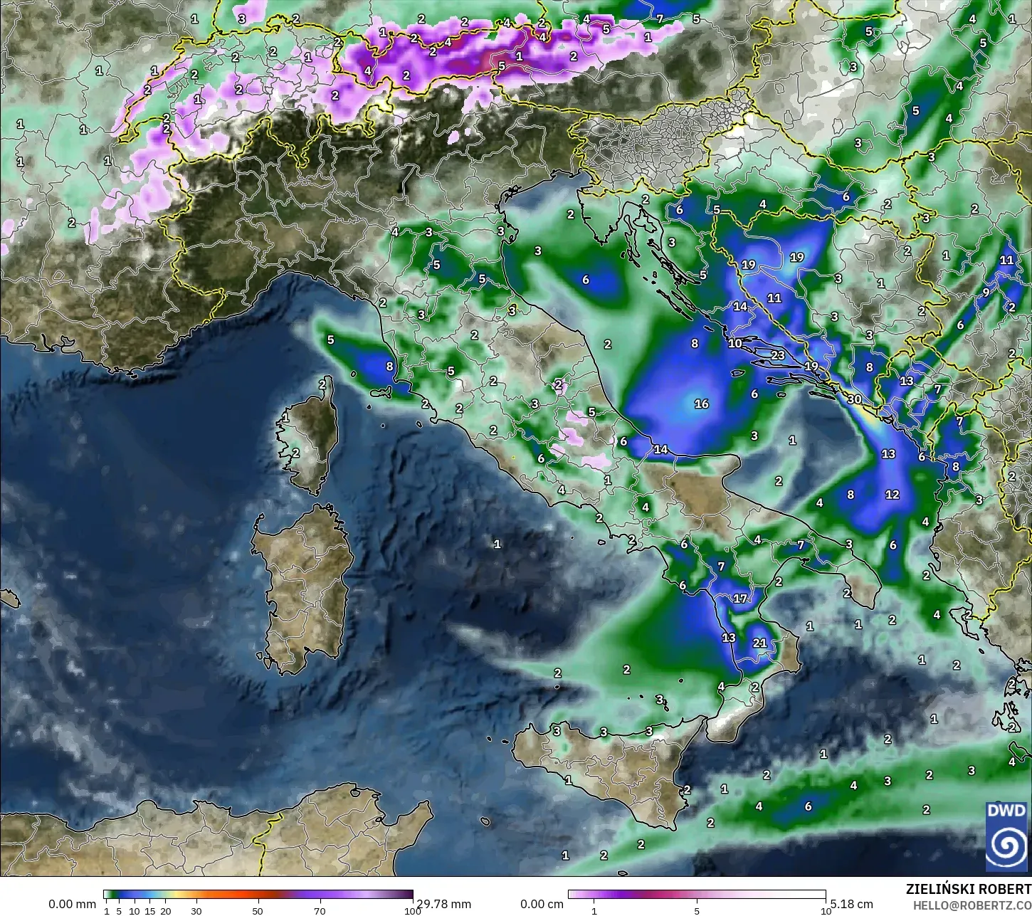 ICON modelo - Italia, Precipitación, nubes y presión