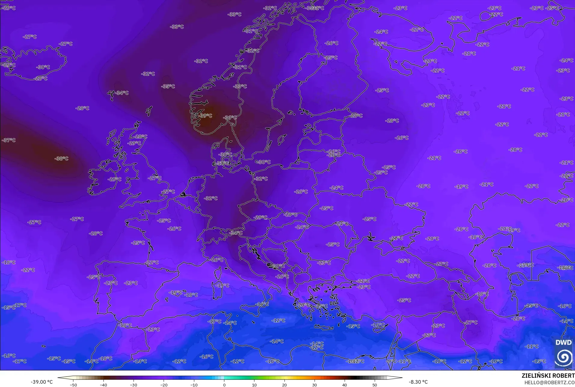 ICON modelo - Europa, Temperatura a 500 hPa