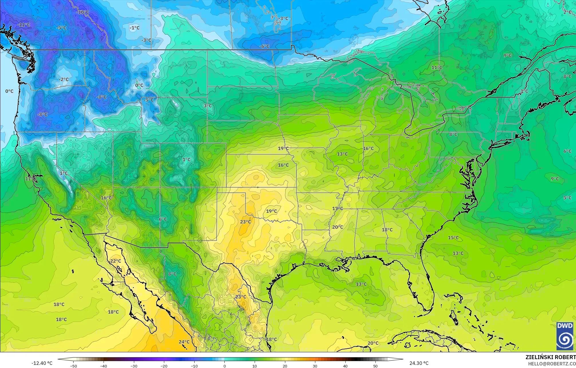ICON modelo - Estados Unidos, Temperatura a 850 hPa