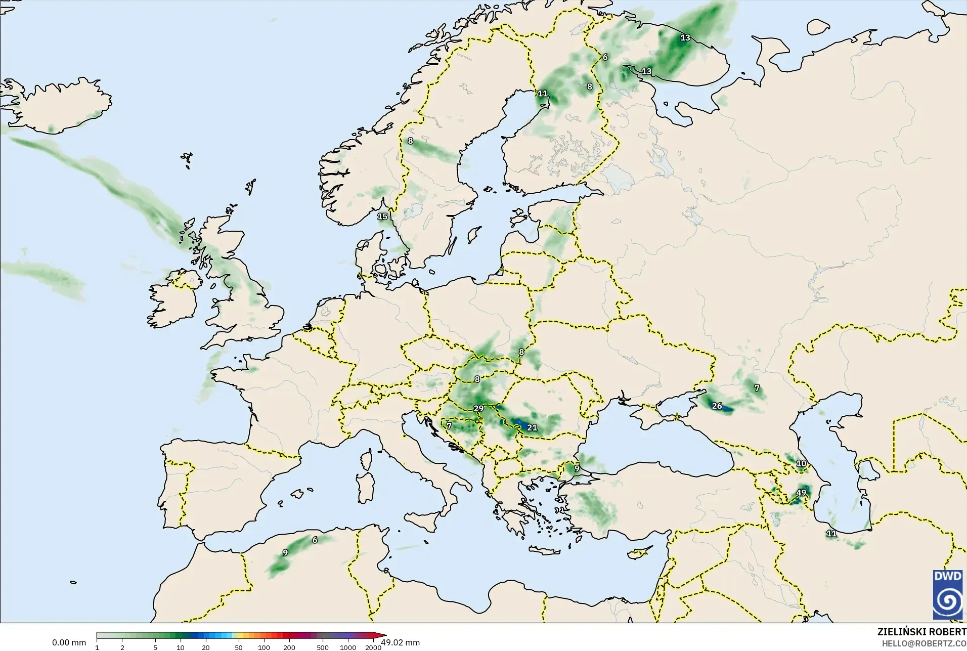 ICON modelo - Europa, Acumulación de precipitación
