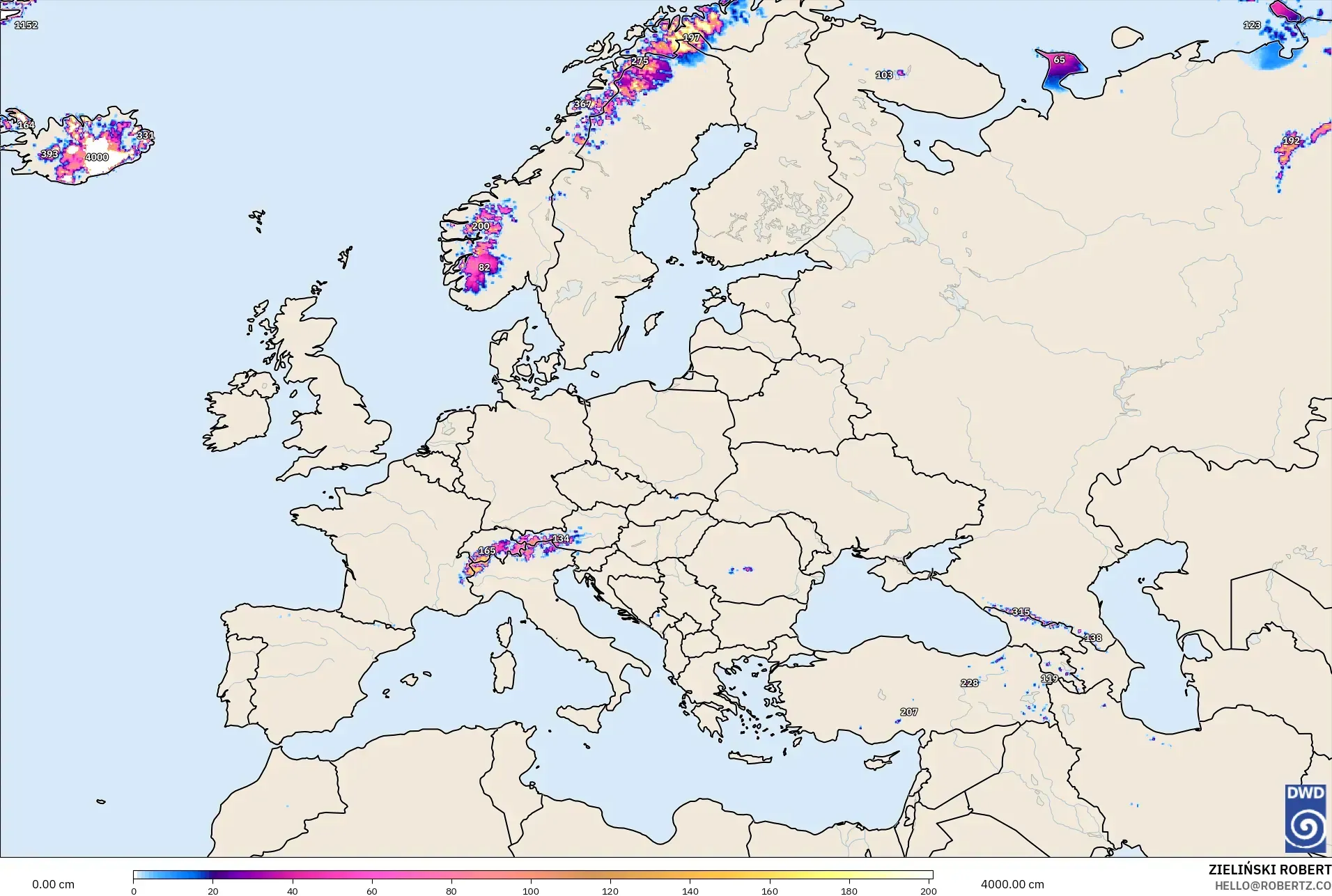 ICON modelo - Europa, Profundidad de nieve
