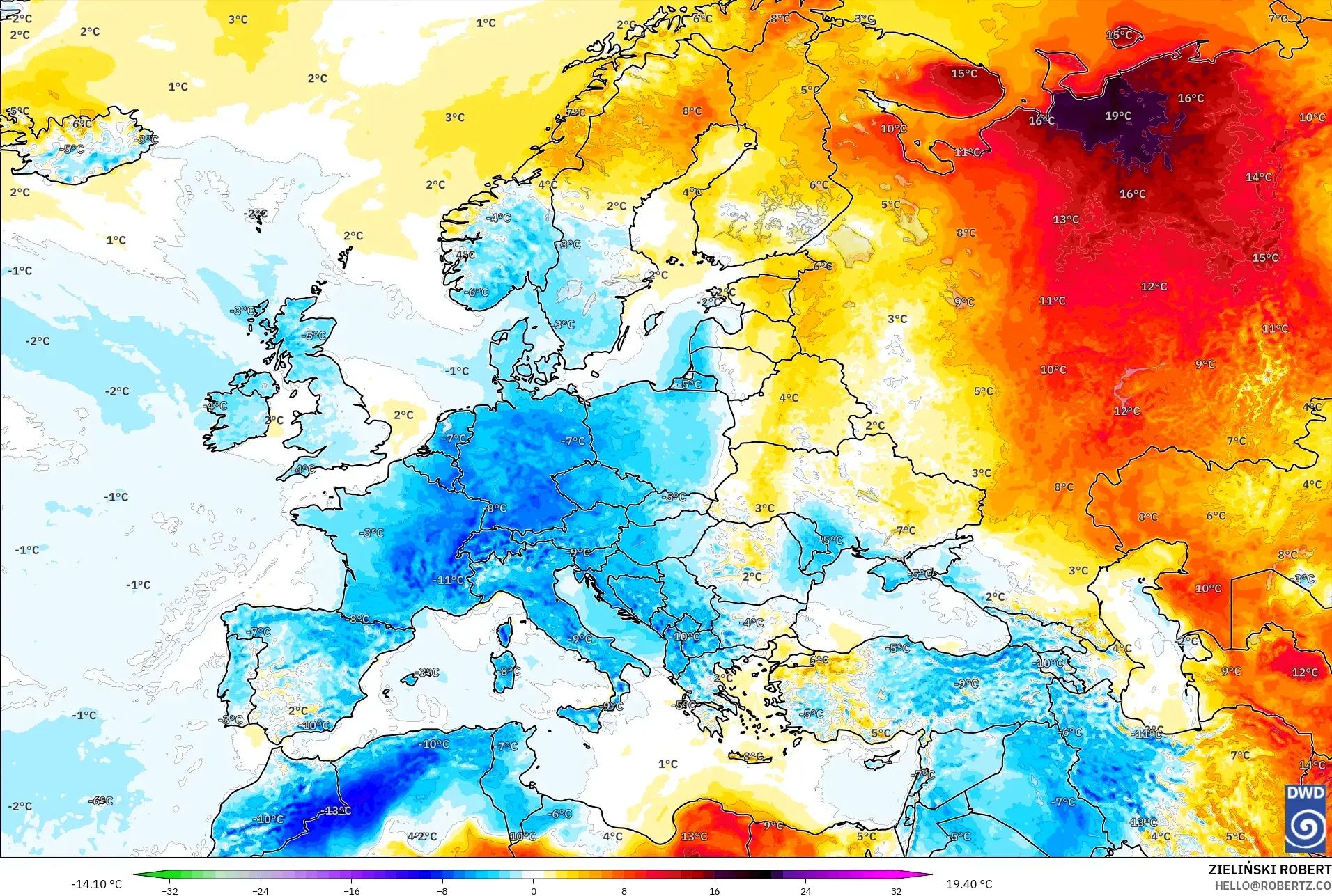 ICON modelo - Europa, Anomalía de temperatura a 2 m